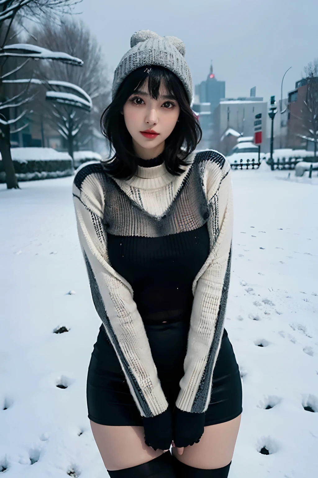 Heavy makeup,mature,Thin stature,The lower abdomen is flat,Enchanting appearance,Clean skin,With bangs,Thick black stockings,Sweaters,In the snow,Ball head,Erlang legs