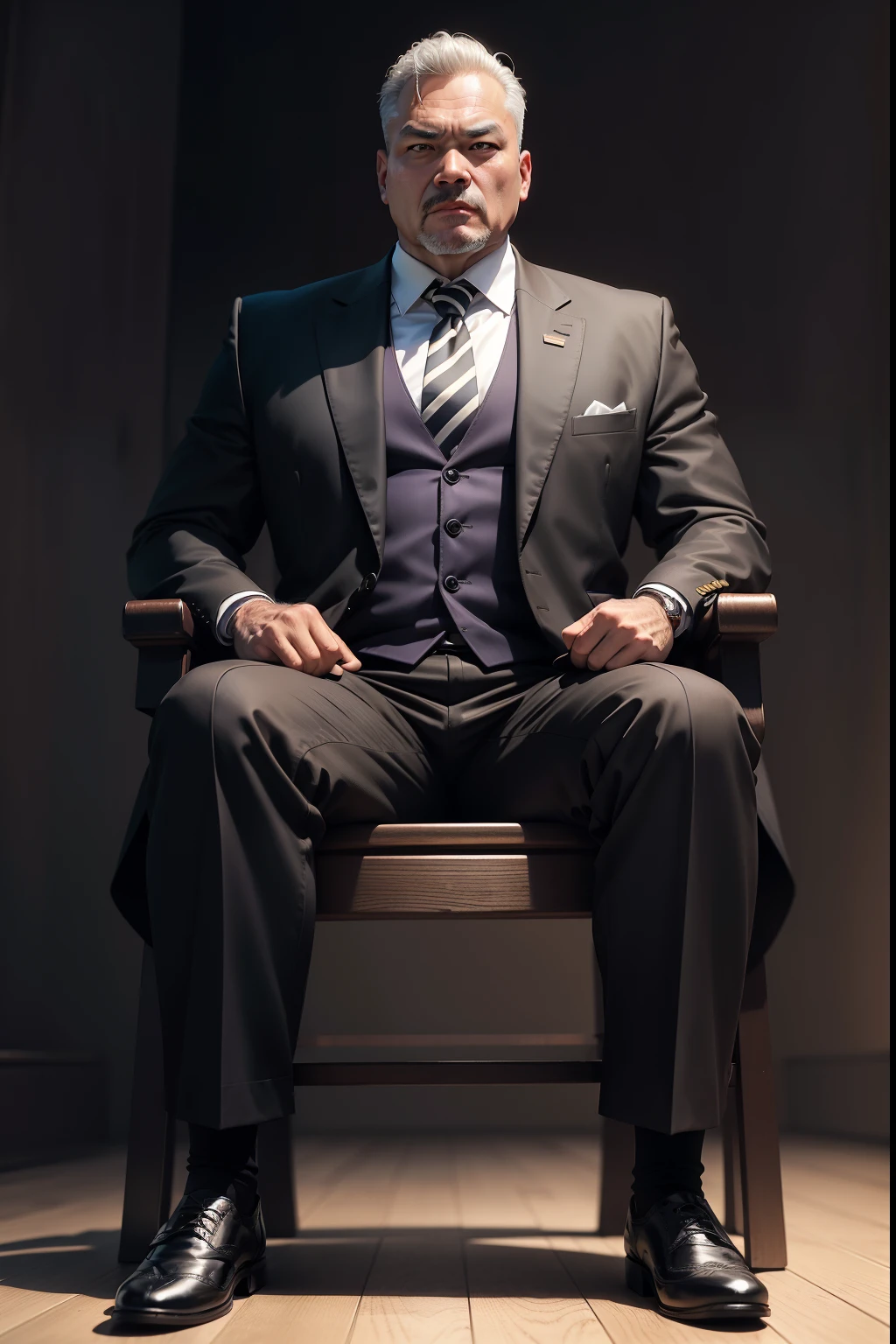 50-year-old middle-aged man,Man,Height 195,Asian people,sitting on a metal throne,God perspective,The eyes are about to face each other,Chinese men,musculature,Lift one foot,Wearing a black and white striped suit,Black and white striped trousers,purple necktie,Wears a long yellow trench coat,Long coat,Black socks,Brown oxford shoes,Cord,Ferocious and ferocious,Club background,Horsewhip in hand