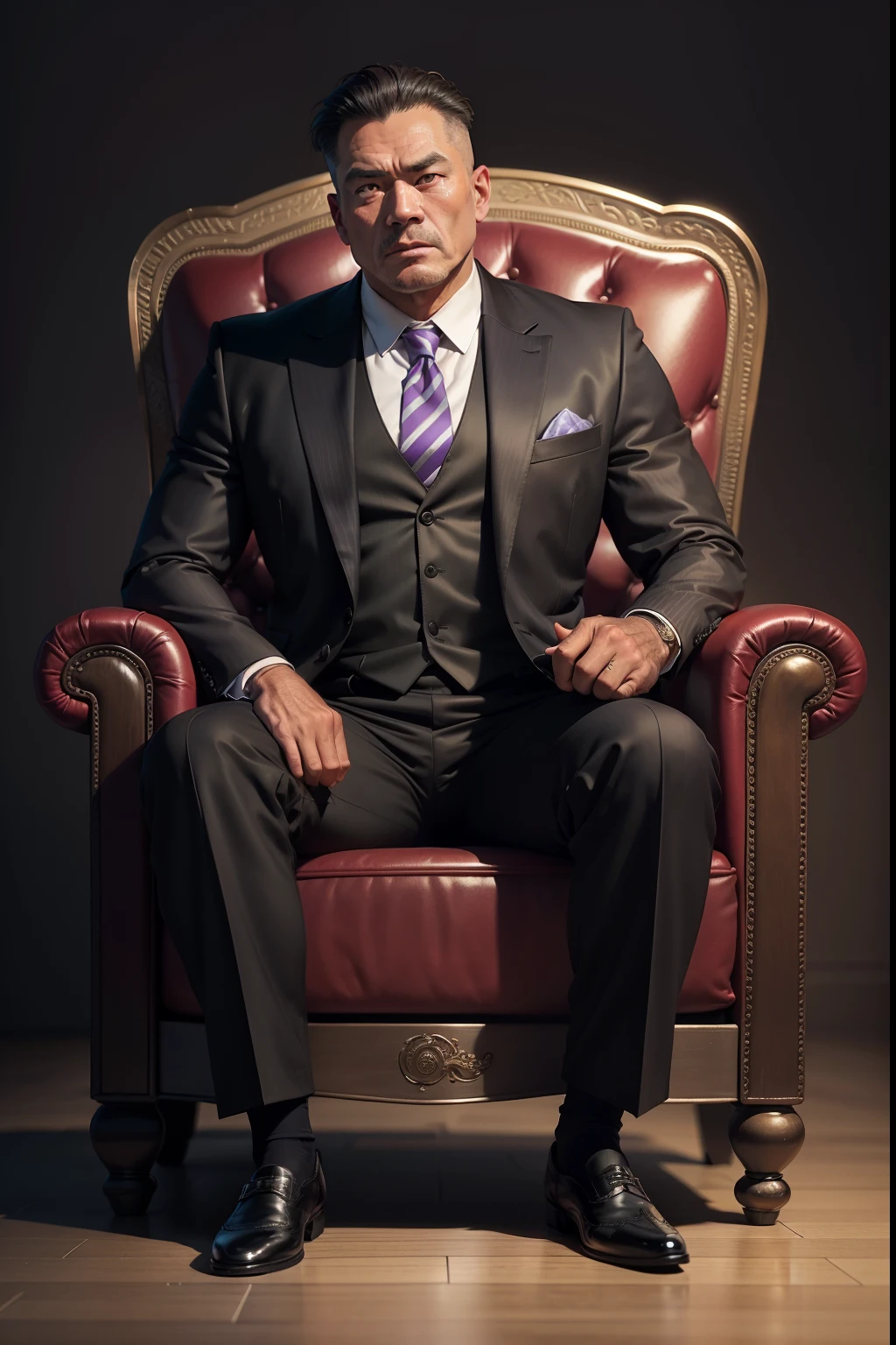 50-year-old middle-aged man,Man,Height 195,Asian people,sitting on a metal throne,God perspective,The eyes are about to face each other,Chinese men,musculature,Lift one foot,Wearing a black and white striped suit,Black and white striped trousers,purple necktie,Wears a long yellow trench coat,Long coat,Black socks,Brown oxford shoes,Cord,Ferocious and ferocious,Club background,Horsewhip in hand