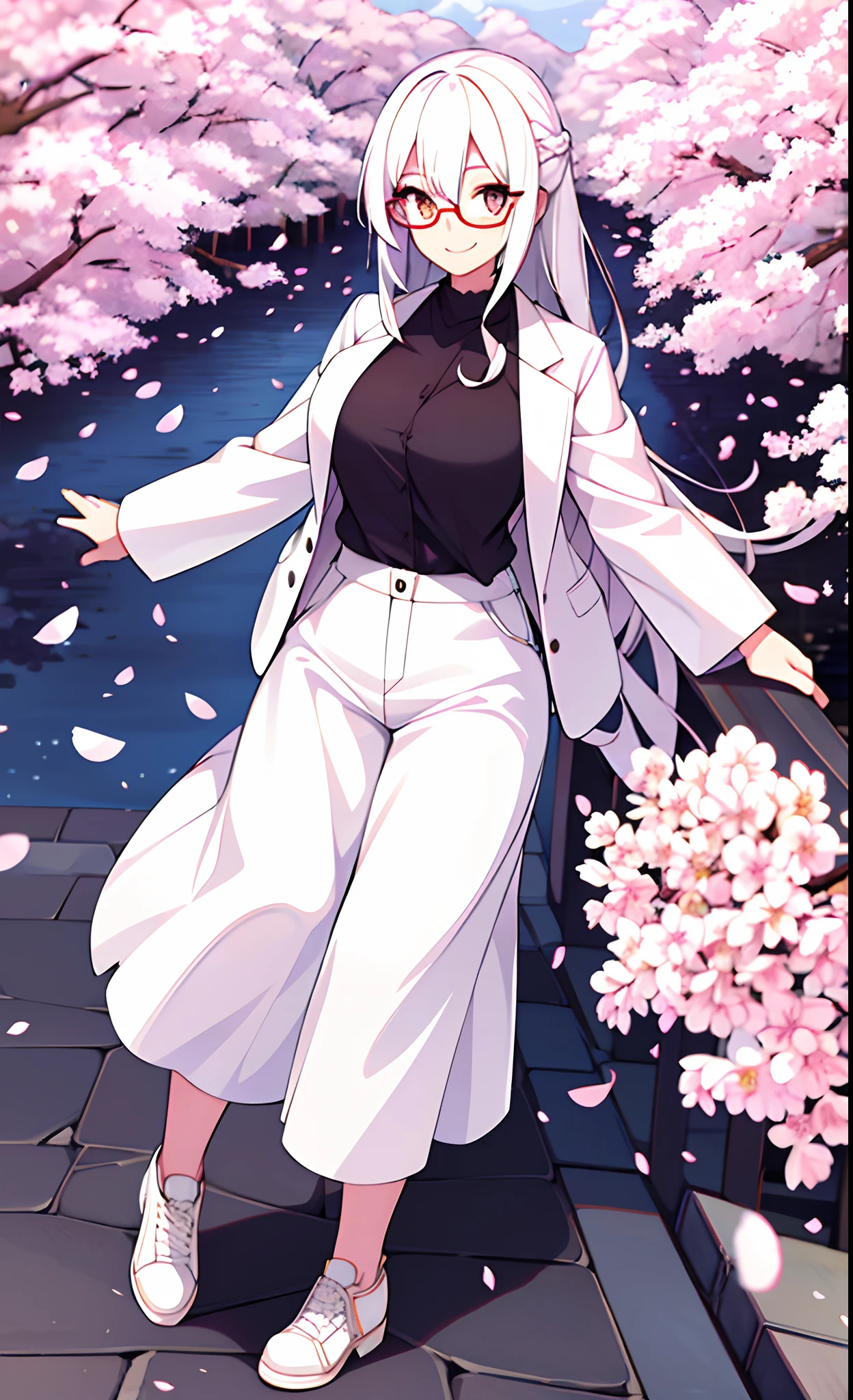 White hair, white eyes, kizi, female, spring clothes, smiling,18, one girl, glasses, cherry blossoms,