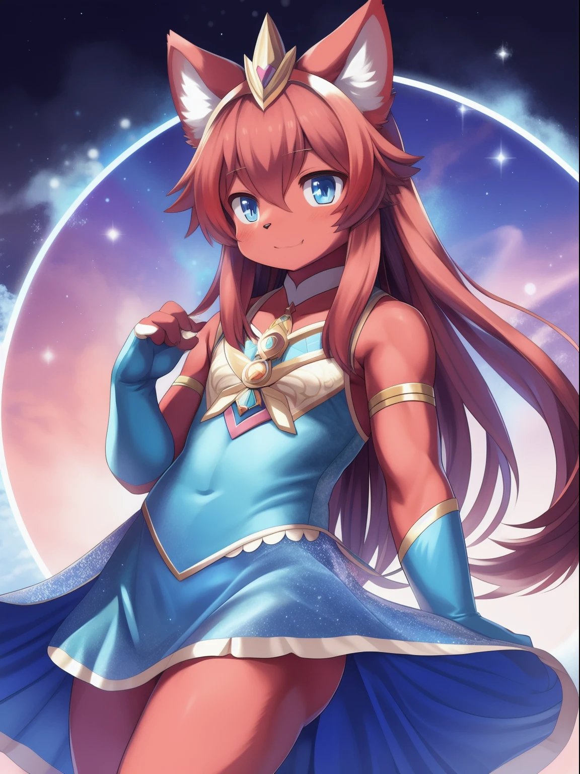 masterpiece, 1boy, Furry, kemono, furry cat, anthropomorphic, male, red fur, red skin, blue eyes, magical girl theme, long hair, revealing clothes, magical girl outfit, blue magical girl dress, femboy, sexy pose, uploaded on e621,