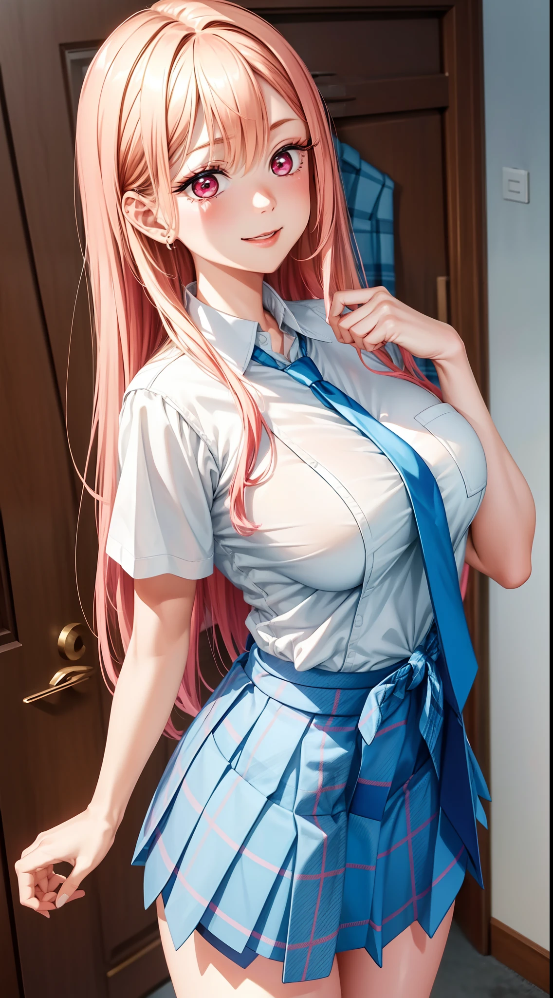 8k, highres, ultra detailed, (masterpiece:1.4), best quality, symmetrical body, (white shirt with blue tie:1.4), (short blue skirt with plaid pattern:1.4), cute, solo, long hair, blonde hair with pink hair tips, red eyes, long lashes, glow effect, finely eye, wide smile, grinding, detailed face, looking at viewer, smilling at viewer, bedroom, angled view, big breasts