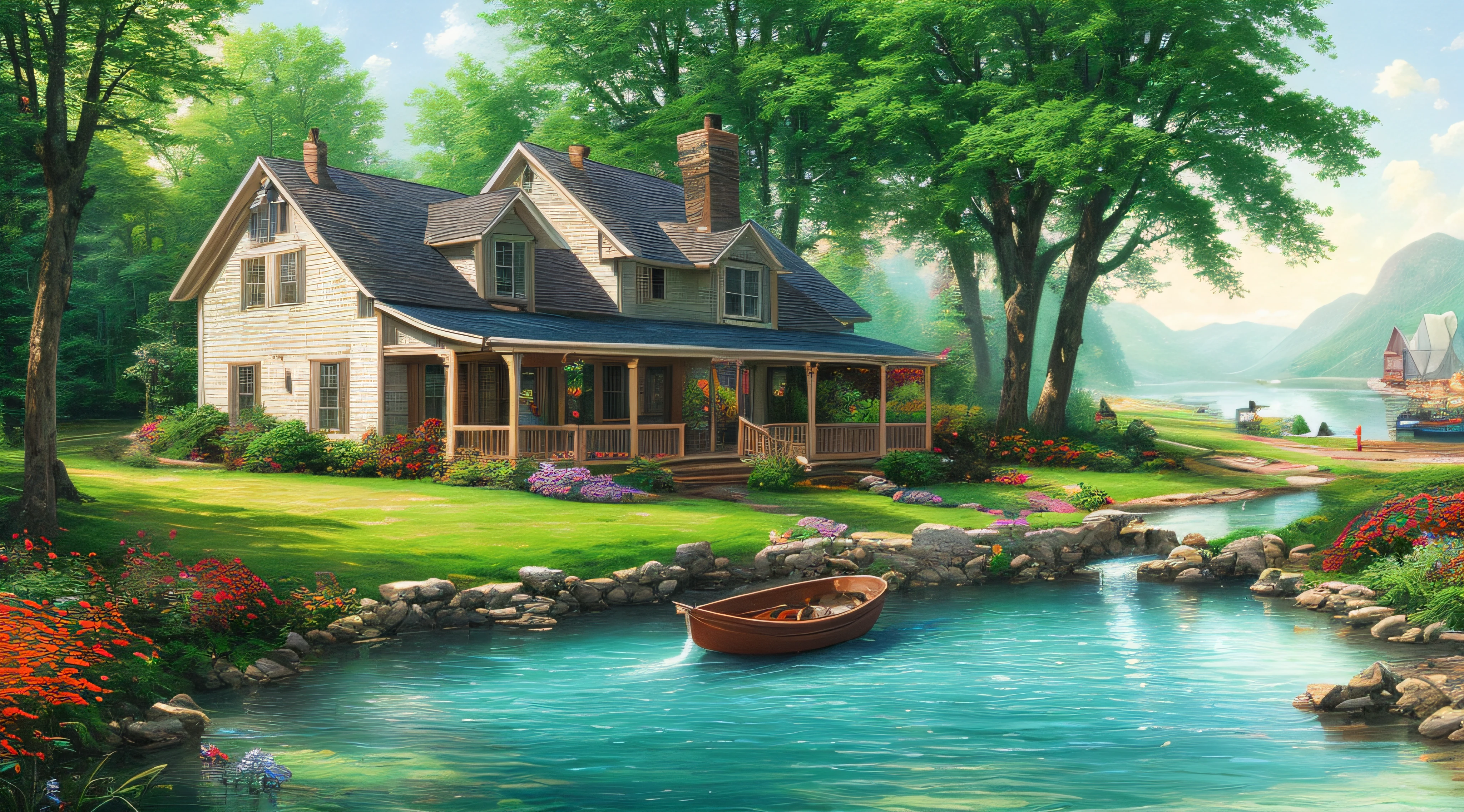 landscape, water, farm house, cooking smoke, boat in the water, flowers ,stream, color full (extremely detailed CG unity 8k wallpaper), most beautiful artwork in the world, professional majestic oil painting, intricate, High Detail, Sharp focus, dramatic, photorealistic painting art, style of Thomas Kinkade