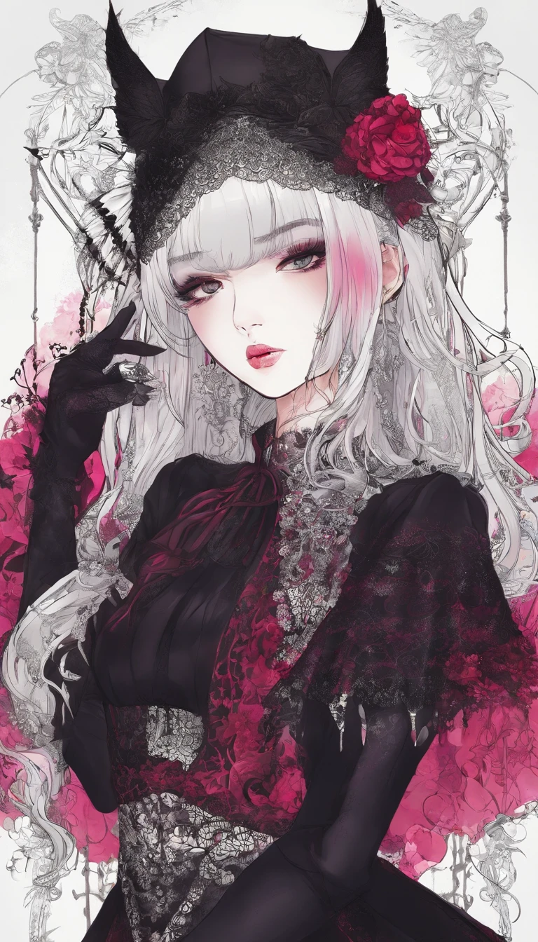 A beautiful Korean girl，Long pink hair，Tattooed with，full bodyesbian，Wearing a collar，Wear a black lace bra，Wear black lace panties，Wear stiletto heels，Wear black pantyhose，Bad girl，s the perfect face，Put on light makeup，Wear a ruby ring，Cool and funky style，On the dance floor，Ultra photo realsisim，8K