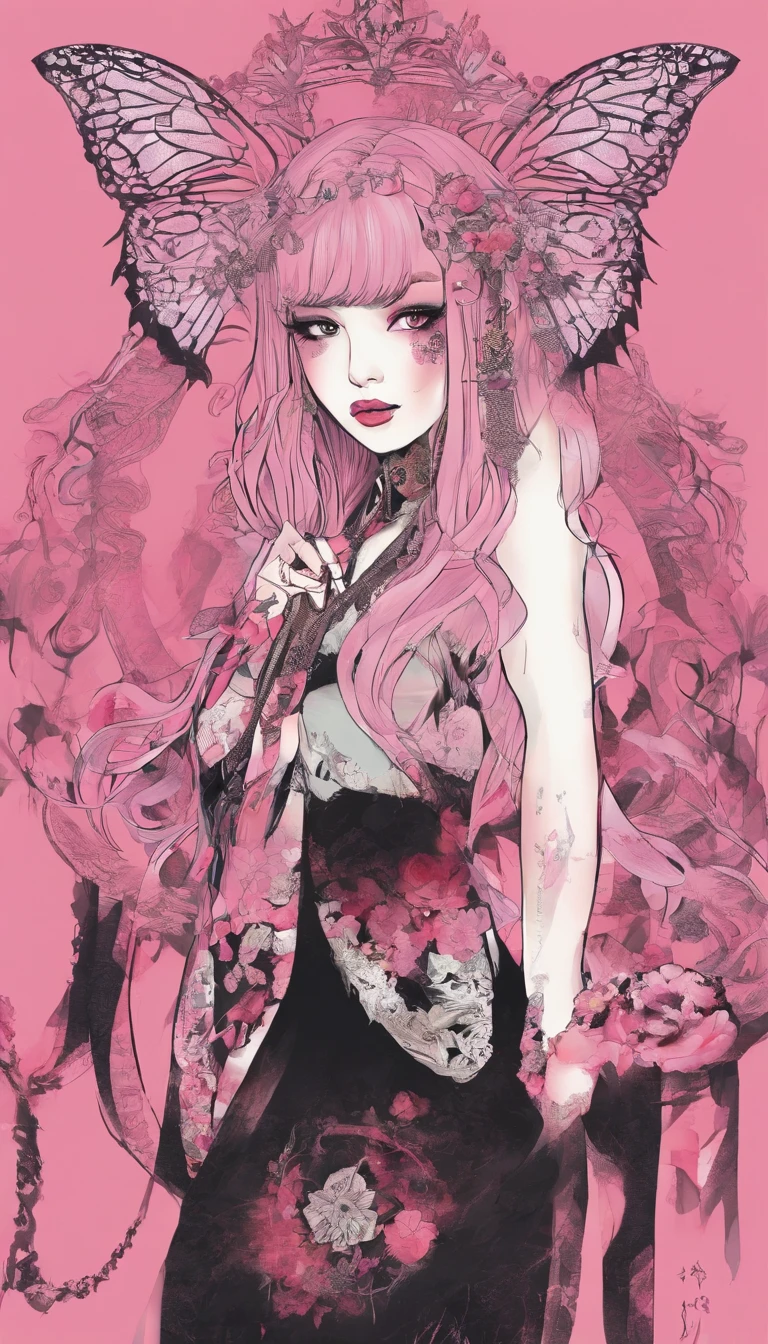 A beautiful Korean girl，Long pink hair，Tattooed with，full bodyesbian，Wearing a collar，Wear a black lace bra，Wear black lace panties，Wear stiletto heels，Wear black pantyhose，Bad girl，s the perfect face，Put on light makeup，Wear a ruby ring，Cool and funky style，On the dance floor，Ultra photo realsisim，8K