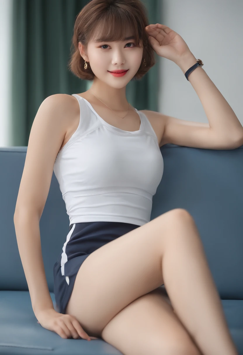 tennis、short-cut、Show your teeth and smile、Tennis Shoes、Complete Anatomy、perfectly flat breast、cute face、Shortcut Hair、Natural lighting、dynamic ungle、inside in room、sitting on、very small waist、skinny thigh