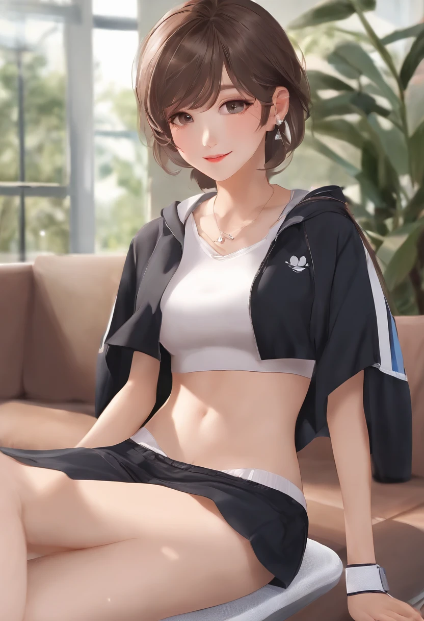 tennis、short-cut、Show your teeth and smile、Tennis Shoes、Complete Anatomy、perfectly flat breast、cute face、Shortcut Hair、Natural lighting、dynamic ungle、inside in room、sitting on、very small waist、skinny thigh