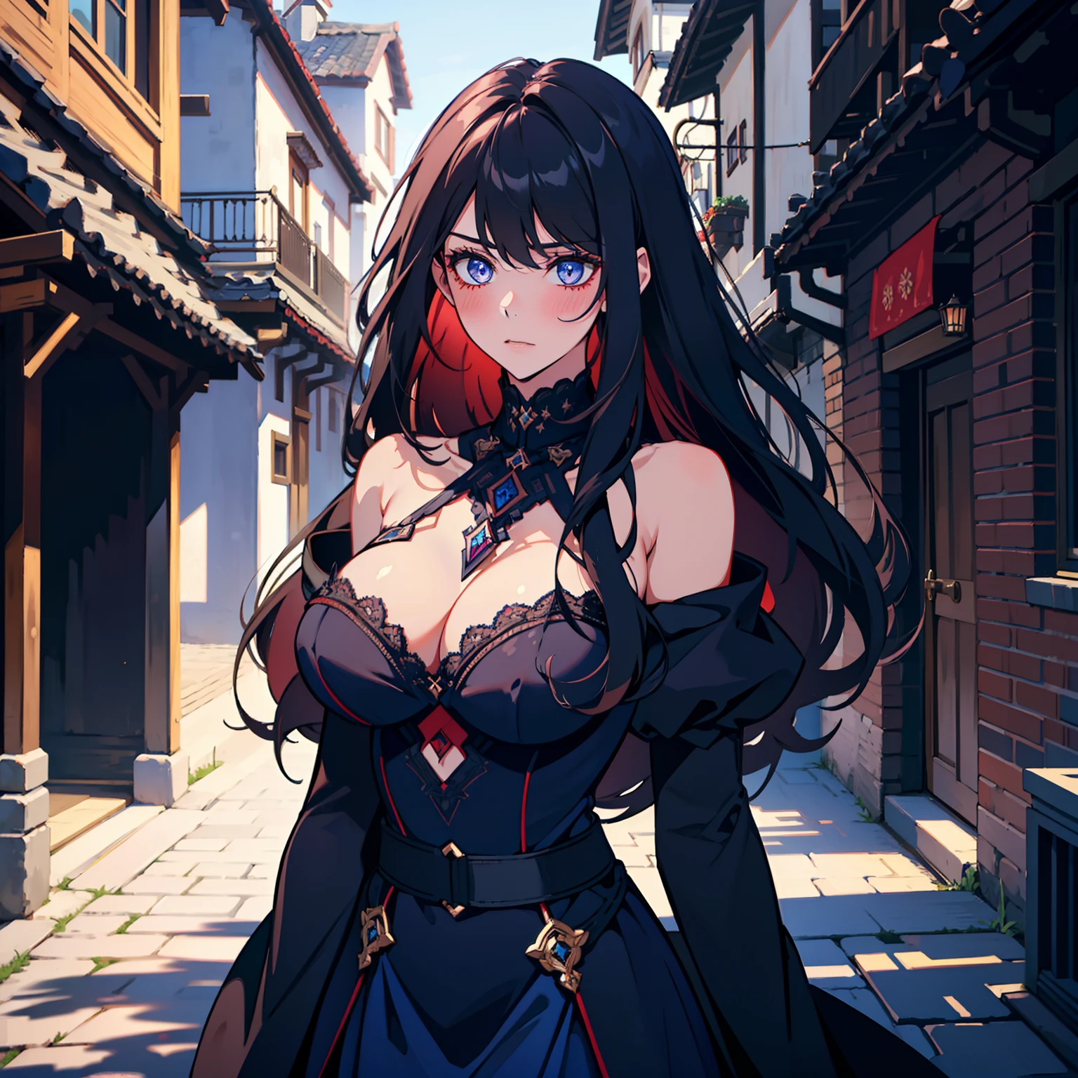 masterpiece, best quality, intricate, detailed, sharp, focused, ((one girl)), ((detailed body)), dark blue eyes, long hair, A beautiful girl walking in a village, 22 years old, masterpiece, High contrast, portrait, big breasts, fit body, (high quality :1.5), black hair, blushing red, Tall body, shy, blue dress, cleavage, outdoors