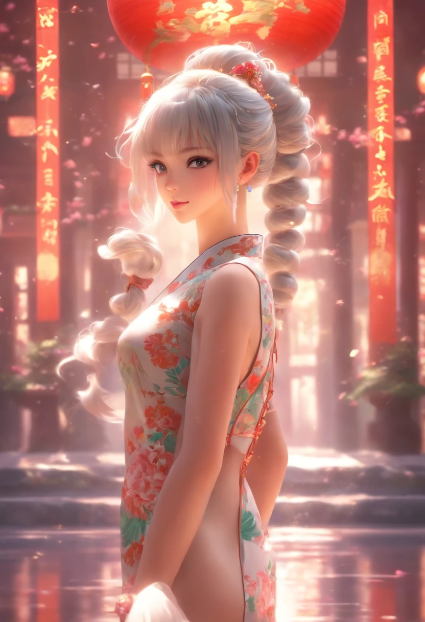 Girl in hollow cheongsam, silvery white hair:1.4, Single ponytail hairstyle, A sexy figure, Bare legs, Barefoot, Toes visible, (Best quality, 8K resolution, High-res, Masterpiece:1.2), palace background, the wallpaper, ,  Clear details, The defined row, Cinematic lighting, Professional photography, Professional lighting.