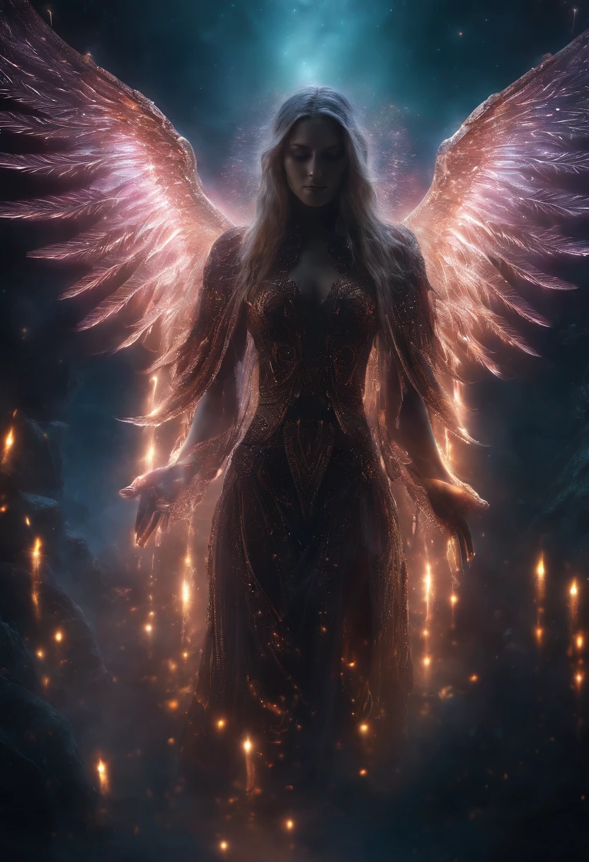 Cosmic Fallen Angel, glowing light eyes, Biomechanical, eerie, Creepy, nightmarish, Very bright colors, Light particles, with light glowing, Mshiv, wallpaper art, UHD wallpaper