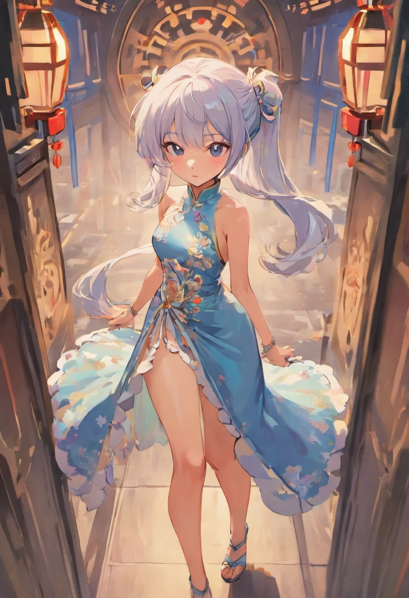 Girl in hollow cheongsam, silvery white hair:1.4, Single ponytail hairstyle, A sexy figure, Bare legs, Barefoot, Toes visible, (Best quality, 8K resolution, High-res, Masterpiece:1.2), palace background, the wallpaper, , Clear details, The defined row, Cinematic lighting, Professional photography, Professional lighting.