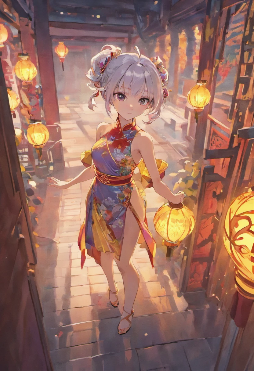 Girl in hollow cheongsam, silvery white hair:1.4, Single ponytail hairstyle, A sexy figure, Bare legs, Barefoot, Toes visible, (Best quality, 8K resolution, High-res, Masterpiece:1.2), palace background, the wallpaper, , Clear details, The defined row, Cinematic lighting, Professional photography, Professional lighting.