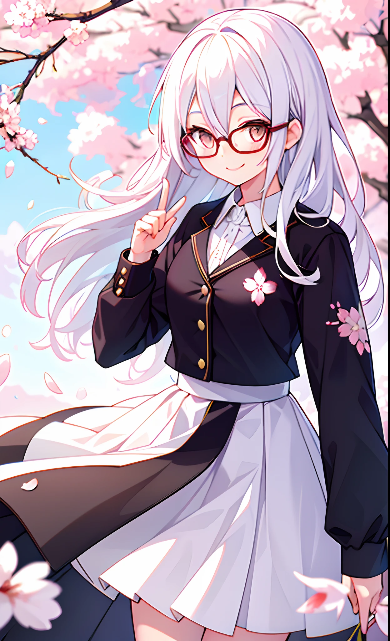 White hair, white eyes, kizi, female, spring clothes, smiling,18, one girl, glasses, cherry blossoms,