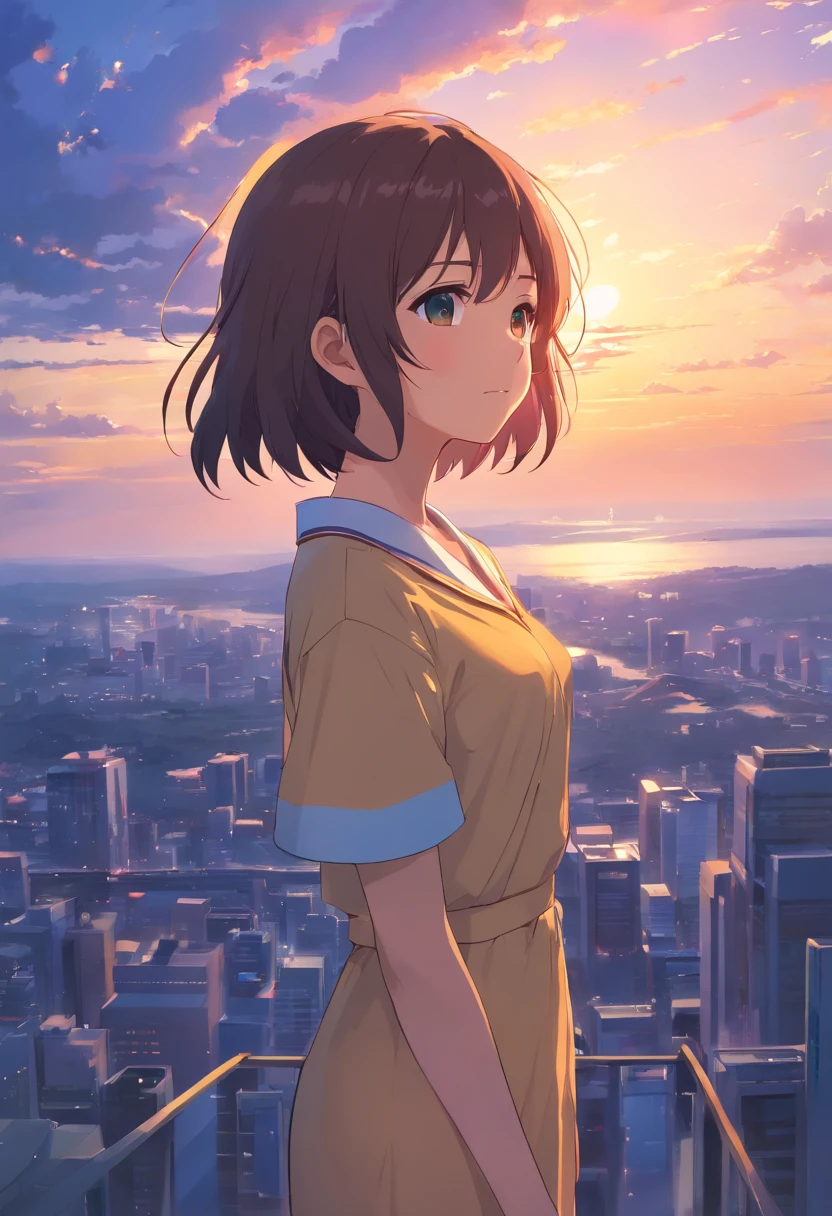 obra maestra, mejor calidad, Still film, 1人の女の子, Cloud Girl, flotando en el cielo, primer plano, brillante, feliz, soft warm lighting, puesta de sol, cabello corto, cabello rojo, ojos rojos, traje negro, hombro desnudo, collar, (chispas: 0,7)