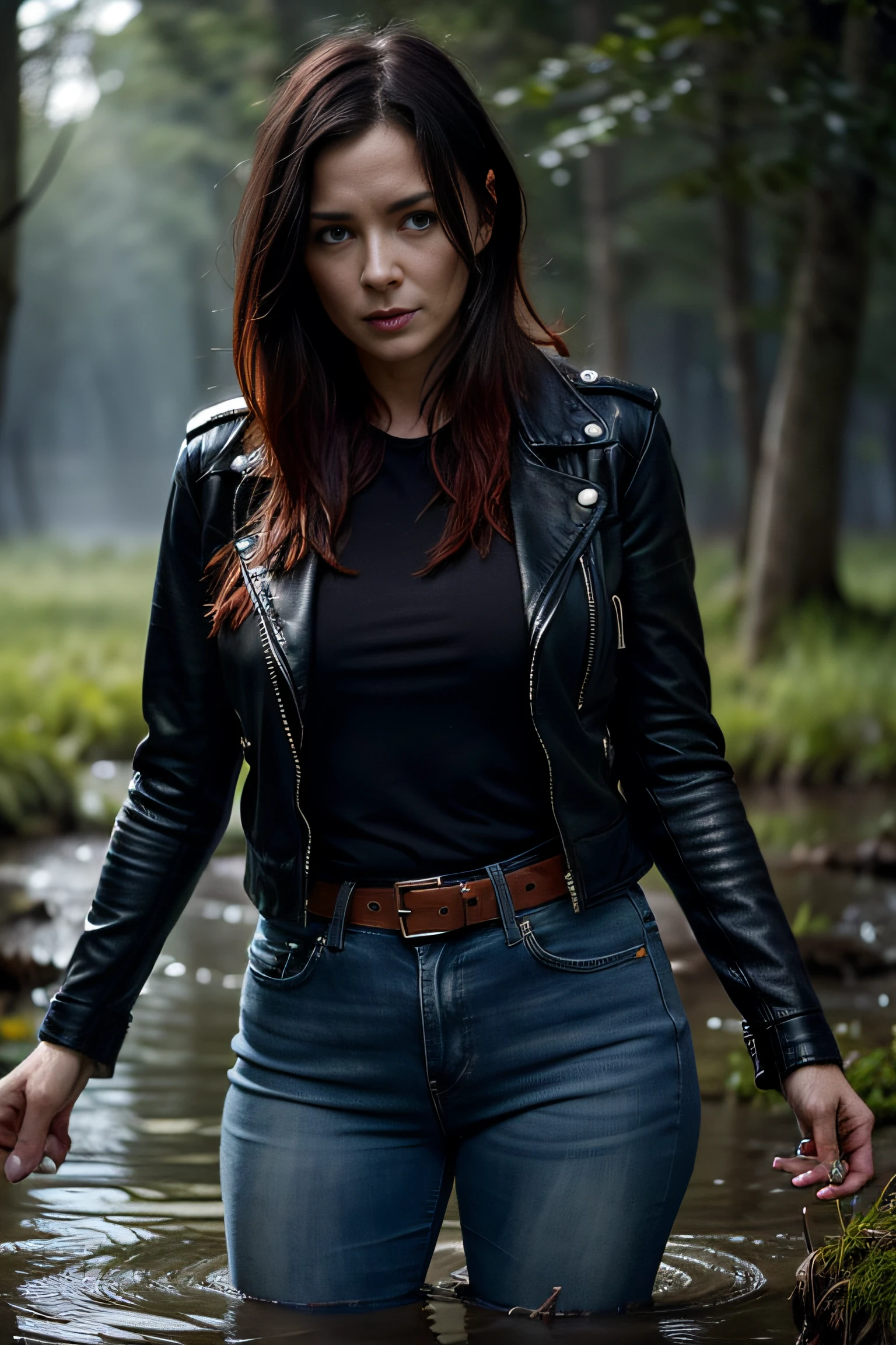 A 40-year-old lust-torn woman in jeans and a leather jacket was caught off guard in the woods at night, indulging in his sexual fetish of drowning in a swamp. Lust makes her plunge into the swamp up to her thighs. Her face is haggard and (dehydrated). She is perplexed and looks around in fright, But her reputation is ruined.

TAGS: night time, blurred background, (It's dark all around:1.8), (Light only from the camera:1.8). The woman, (40years old:1.5), (Tormented by lust:1.3), wearing jeans, leather jacket, swamp, (stands, drowning in a bog:1.6), (Sexual fetish:1.2), fright, stunned, Looking around. (emaciated face:1.4), (dehydrated face:1.6), Copper-red hair