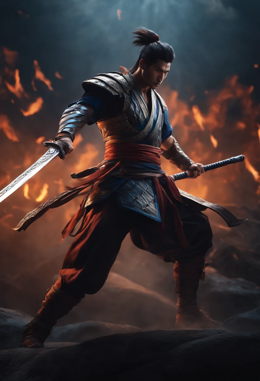 Create an image of Yasuo in his iconic battle pose, empunhando sua espada, com o vento girando ao seu redor, ultra realista