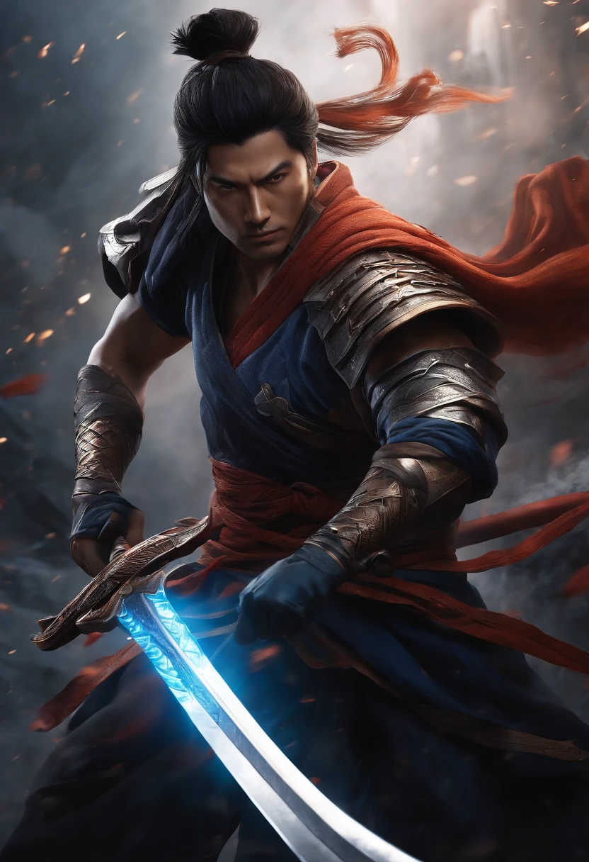 Create an image of Yasuo in his iconic battle pose, empunhando sua espada, com o vento girando ao seu redor, ultra realista