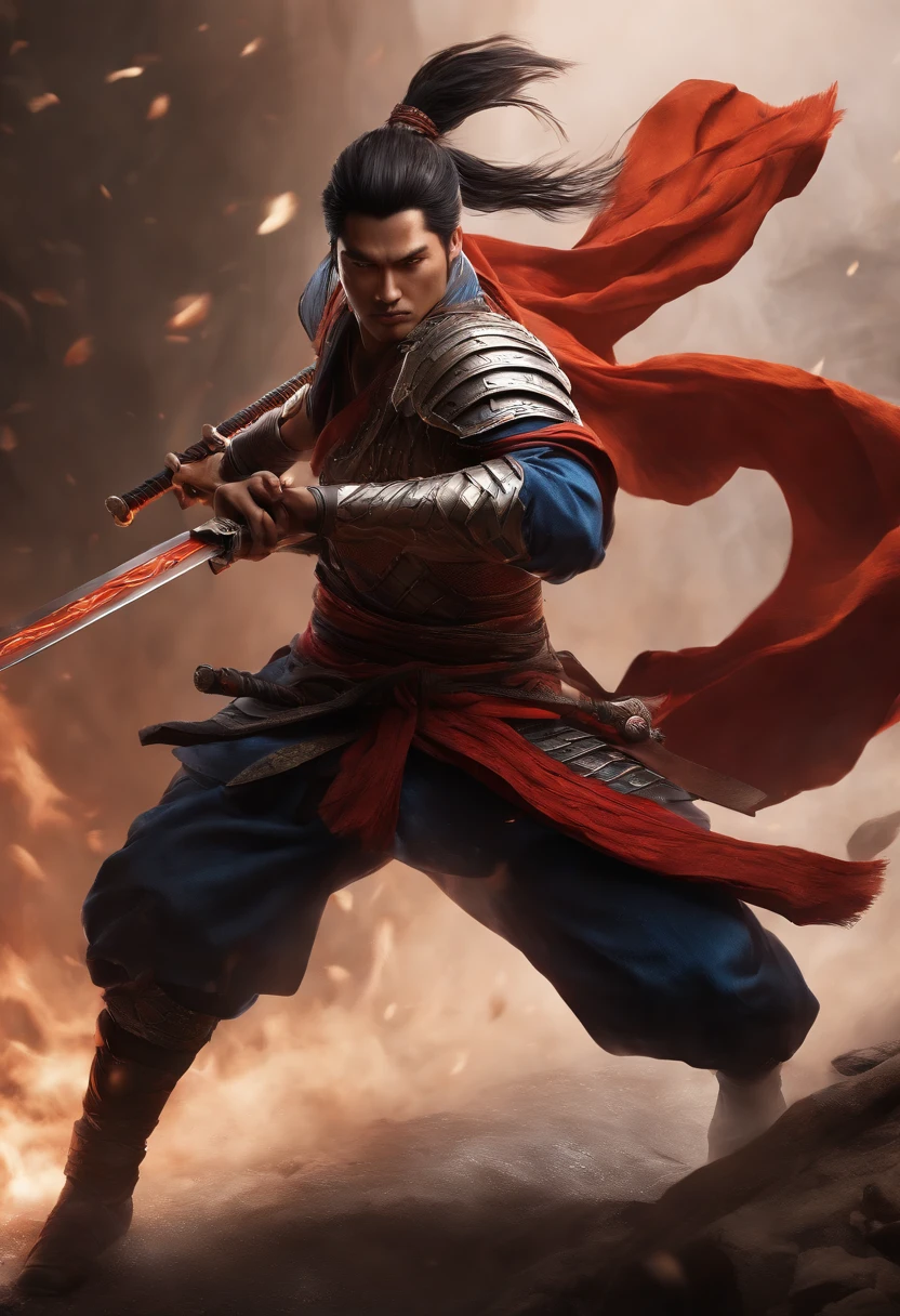 Create an image of Yasuo in his iconic battle pose, empunhando sua espada, com o vento girando ao seu redor, ultra realista