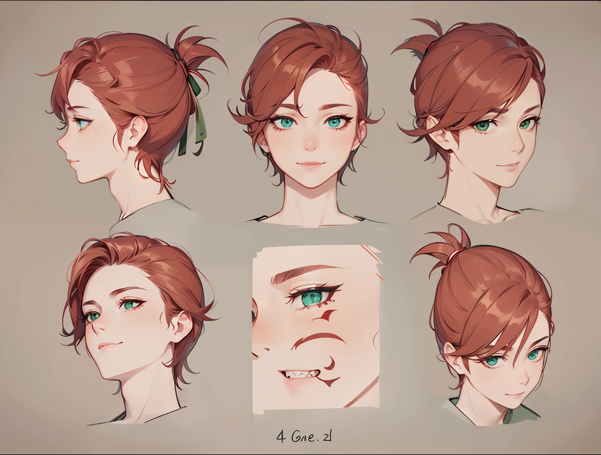 red hair, eye close up, character sheet, green eyes, tattoo under eyes, same face, different angle face, same character, gentle expression, smiling, easy going, complicated hair accessorries