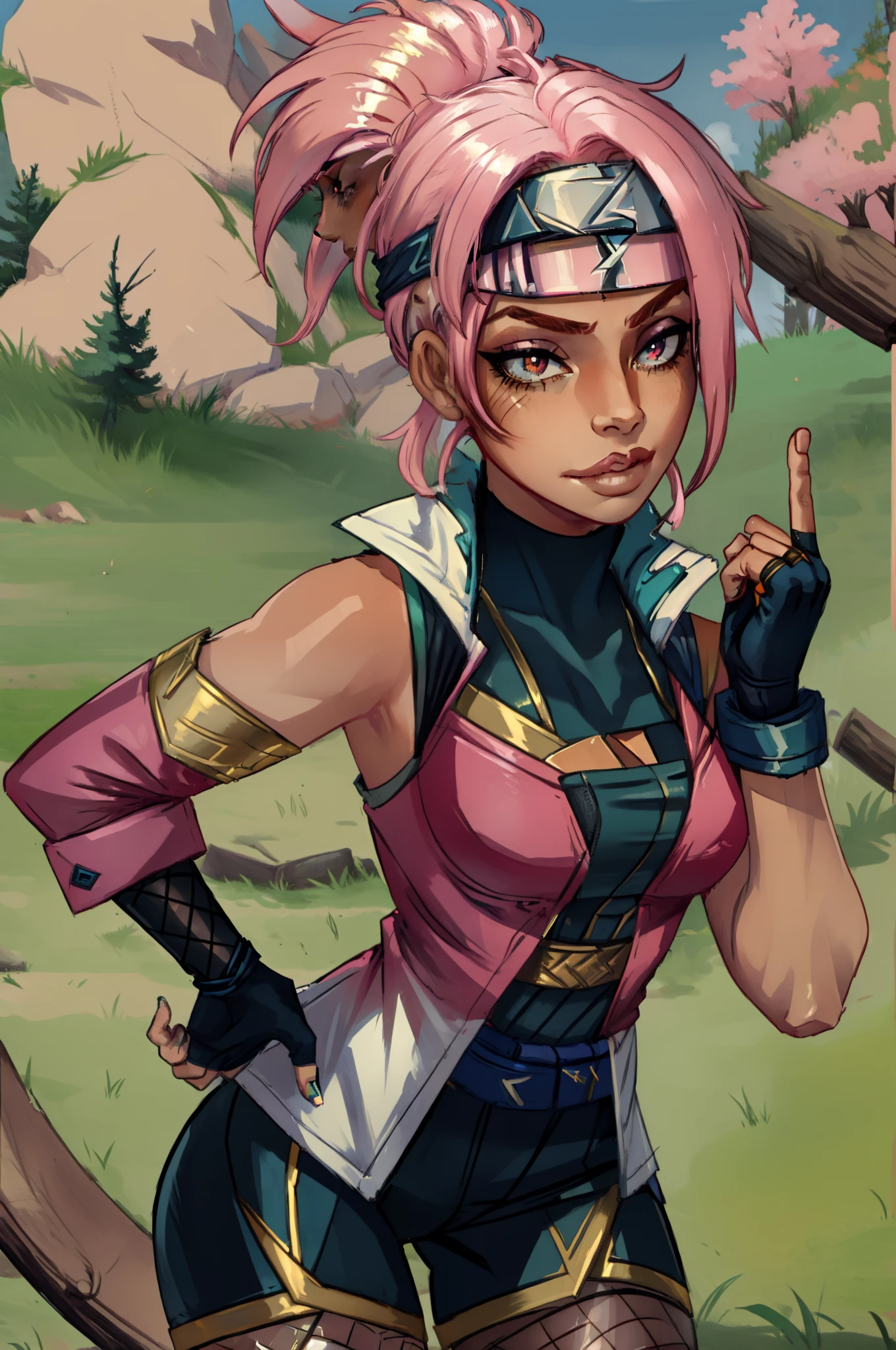 (Masterpiece:1.4), (best quality:1.2), shockblade qiyana, 1girl, headband, jacket, shorts, ninja, fingerless gloves, fishnets, ponytail, pink hair, upper body