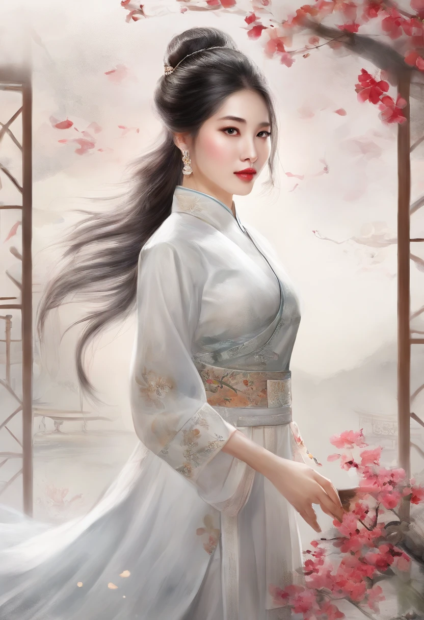 Girl in hollow cheongsam, silvery white hair:1.4, Single ponytail hairstyle, A sexy figure, Bare legs, Barefoot, Toes visible, (Best quality, 8K resolution, High-res, Masterpiece:1.2), palace background, the wallpaper, , Clear details, The defined row, Cinematic lighting, Professional photography, Professional lighting.
