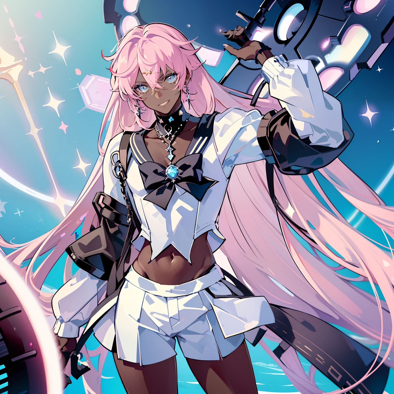 "Create a stunning artwork of a (( Beautiful,Man as hybrid of Sailor Moon with intricate details, vibrant colors, and dynamic poses, Smiling )), ((the Man has dark skin:1.4)) ,(( long white hair with Pink streaks ,)) and (( a Skimpy white and Pink Outfit with white shorts that shows his midriff)).incorporate elements of Sailor Moon's iconic outfit, such as the sailor collar and bow, while adding (black Rock Shooter unique style and attitude)). Show him in a powerful, Sexy and confident pose, Ensure the artwork is of the highest quality, with exquisite attention to detail and flawless execution.", sailor outfit