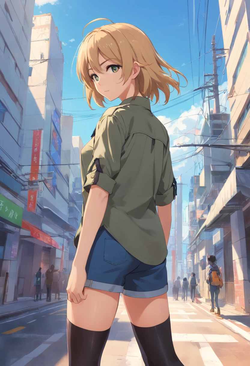 usar el estilo anime para crear a Aria Himura, una chica joven, with athletic body, cabello largo, rubia, cola de caballo, una marca en forma de mariposa en la mejilla, ojos rojos, falda negra, brazales negros, capa negra, Brown button-down shirt, medias veladas blancas, botas militares negras, serious expression, flequillo cruzado en el centro