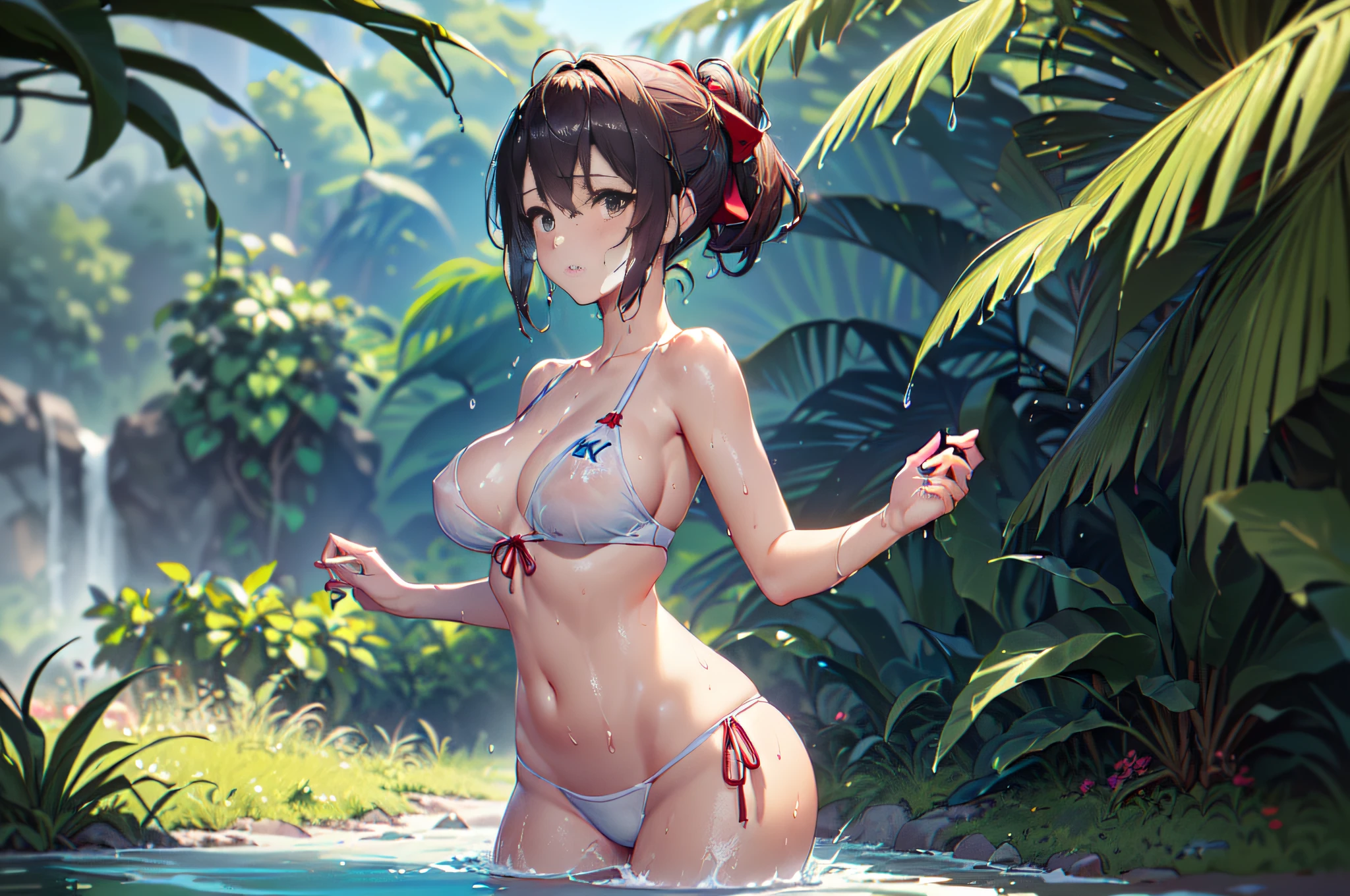 (((Solo 1 Mujeres),Calidad 3, Wet anime, hiper detalles, Vista de cuerpo completo, Wet anime 20-year-old white woman with randomly dyed hair Wet hair tied back with a red ribbon Her eyes are the same color as her wet hair, delgado, super close-fitting clothes: tapa blanca de tubo Nano y Nano Lycras, (A jungle backdrop sticking out from the surrounding haze), Backward wet posture, mostrando su hermoso cuerpo 92 59 90, cara coqueta, pedestal invisible, fractal isometrics details bioluminescence, alto contraste, Anatomically correct, (((8K resolution))) , insanely detailed and intricate, hipermaximalista, elegante, hiperrealista, Super detailed, natural lighting, Rayos crepusculares, textura suave, 16x Anisotropic Filtering, Calidad de textura ultra, Symmetrical, 50mm f1.4))