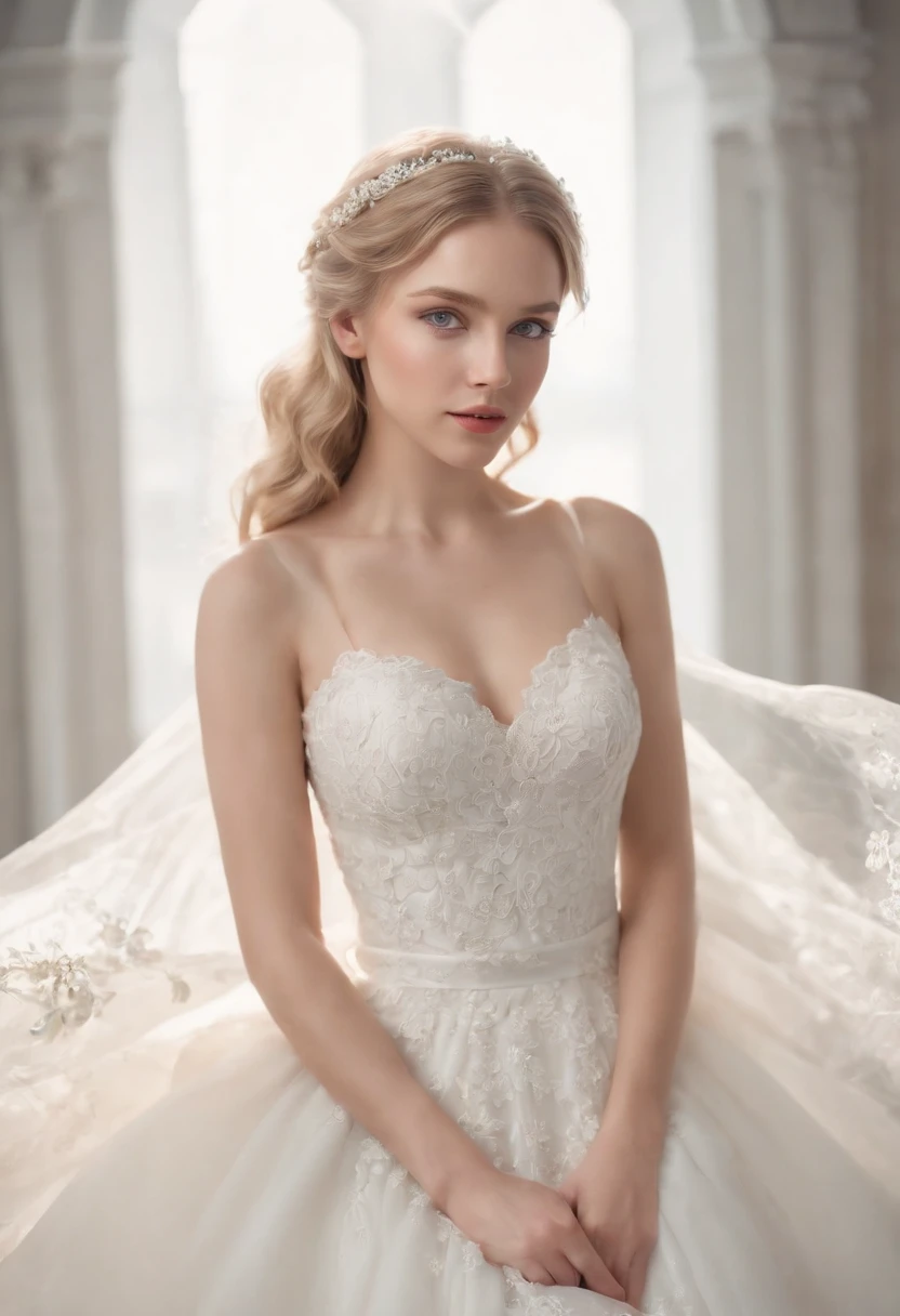 1 beautiful girl, full body, standing photo, white wedding dress, soft dress, blond hair, blue eyes, wavy hair, masterpiece, diffuse soft film lighting, portrait, best quality (perfect face:1.4), ultra-realistic highly detailed intricate realistic simulation style photo sharply focused on eyes, cinematic lighting, studio shot, gorgeous pose