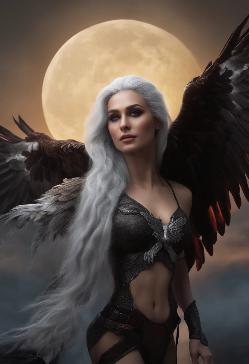 Close-up of a woman flying through the air with her wings,Silver hair,red color eyes,Human face,The body of an eagle, harpy, Hands and legs are like the grip of an eagle, raven winged female vampire, (Ugly 1.5)Eagle body(Succubus:1.2),Gothic horror,(The upper body is a woman, The lower body is an eagle:1.5),A turtle(Human-faced eagle:1.5)Strange bird standing in the night sky,There are clouds and the moon,Fantastical,4K,best qualtiy,primitive, the night,((Ultra-detailed and high-precision details)),(The picture is clear and sharp)