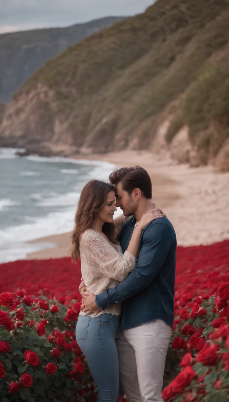 In a romantic atmosphere,couple cuddling,Walk in the Sea of Roses,Under the stars,Feel the romantic theme of Valentine's Day。Face shot