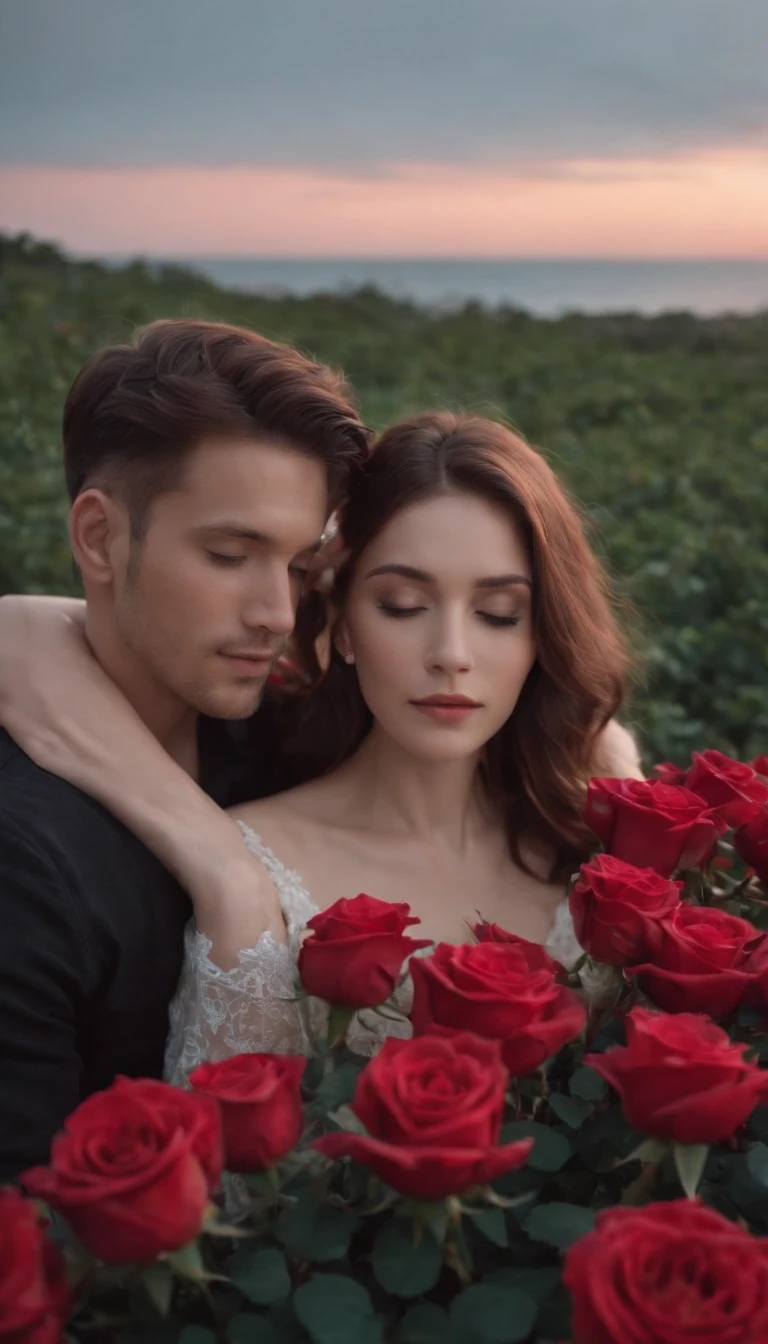 In a romantic atmosphere，couple cuddling，Walk in the Sea of Roses，Under the stars，Feel the romantic theme of Valentine's Day。Face shot