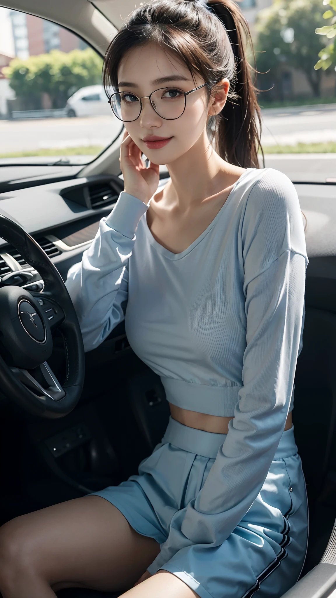 big underboob, (shoulder-length straighthair: 1.2), Black hair,Short ponytail，Upper body, （Extremely meticulous CG 8k wallpaper），（Extremely refined and beautiful），（Masterpiece），（best qualtiy：1.0），（Ultra High Resolution：1.0），beautiful light up，Perfect lightning，realistic shaded，[A high resolution]，Smooth and flawless fair skin，Extremely exquisite facial details，（perfect body：1.1），ultra - detailed，A beautiful girl，small head，(big breasts:1.1)，Flat chests，big hips，slim，thin，Smile，cheerfulness，collar，（light blue long sleeved suit shirt:1.1），（Black shorts：1.1），White sneakers，Summer，Morning，sitting in a spacious private car，A female driver，Place hands on the steering wheel，driving car，Wearing glasses, looking forward，Close Shot，