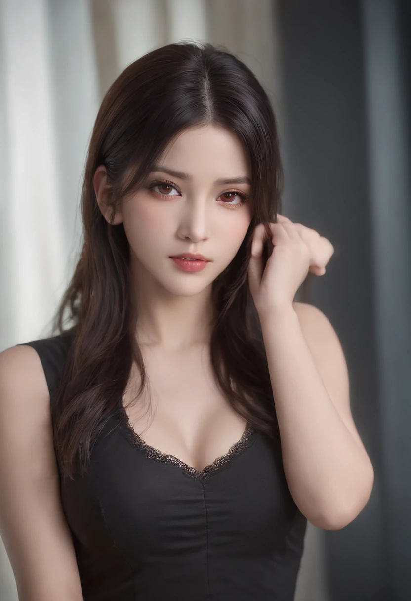 ((masterpiece:1.2)), (best quality), (full body view), tifa lockhart, red_eyes, black hair, long hair, shiny skin, shiny big, crisp focus: 1.2, very detailed face and skin texture, detailed eyes, perfect face, perfect body, detailed background, big with presence, , young cool and beautiful face, ((realistic tongue out:1.3)), (sexy pose), (she is teasing)