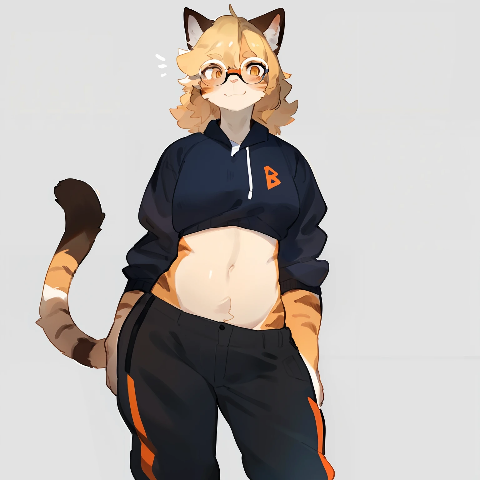 (by bebebebebe, by goonie-san), by bigcozyorca, by buta99, solo, female, (hair, snout), feline, glasses, feline, detailed eyes, cat, hair, nose, grey fur, stripes, blonde wavy hair, orange eyes, tomboy, eyelashes, standing, cat tail, pear shaped body