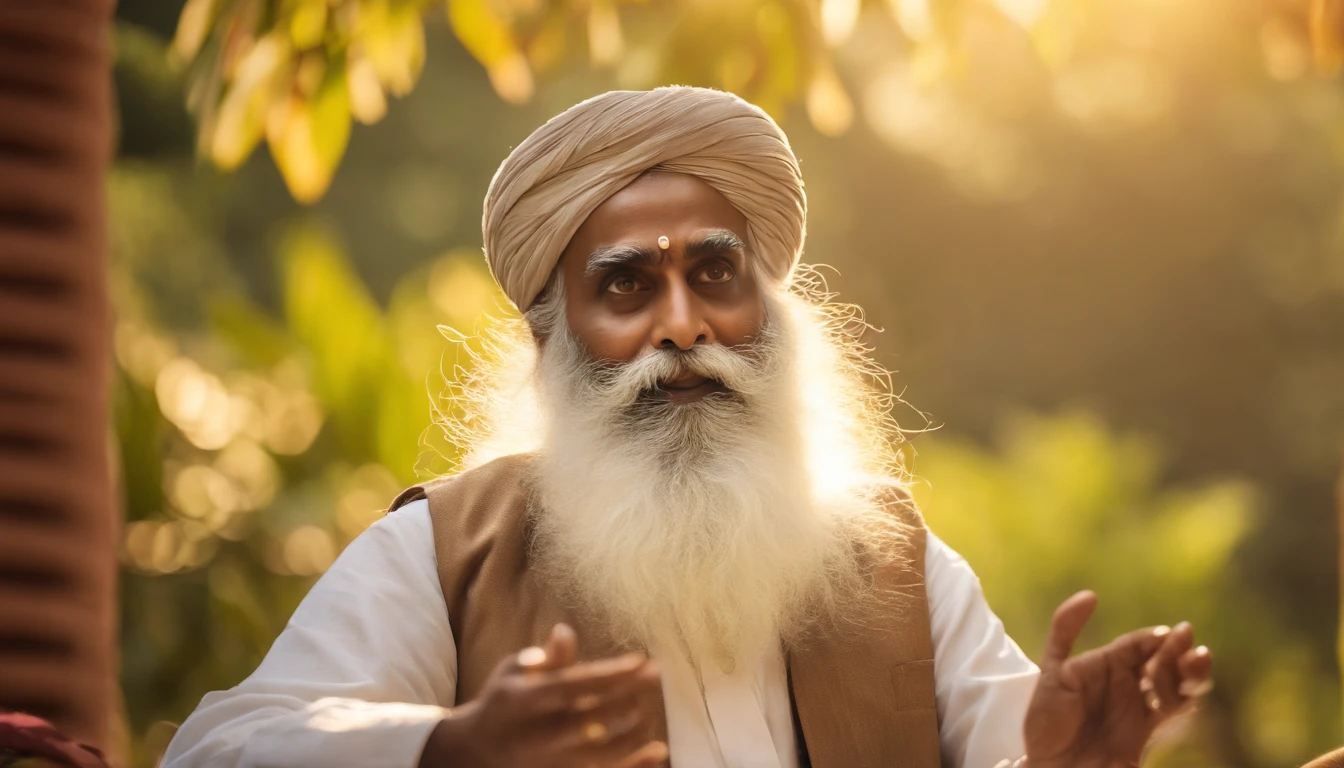 (best quality,4k,8k,highres,masterpiece:1.2),ultra-detailed,(realistic,photorealistic,photo-realistic:1.37),portrait of (((Sadhguru))) preaching in a vibrant garden,expressive eyes,soothing smile and compassionate face,beautiful detailed eyes,beautiful detailed lips,extremely detailed eyes and face,serene expression,calm and composed posture,flowing robe in vibrant colors,engaged audience captivated by his words,spiritual essence emanating from Sadhguru,peaceful and serene atmosphere,soft natural lighting illuminating the scene,subtle shades of blue and green creating a calming ambiance