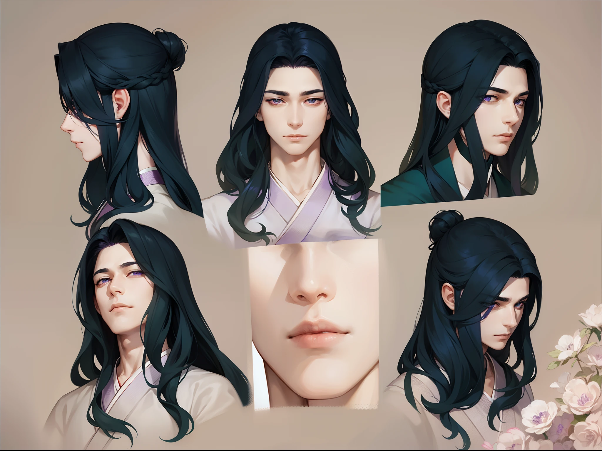 male, eyes close up, purple eyes, young man, eyes open and close, character sheet, same face, same character, male hanfu, intelligent man, neutral expression, no smiling, different angle faces, purple clothes