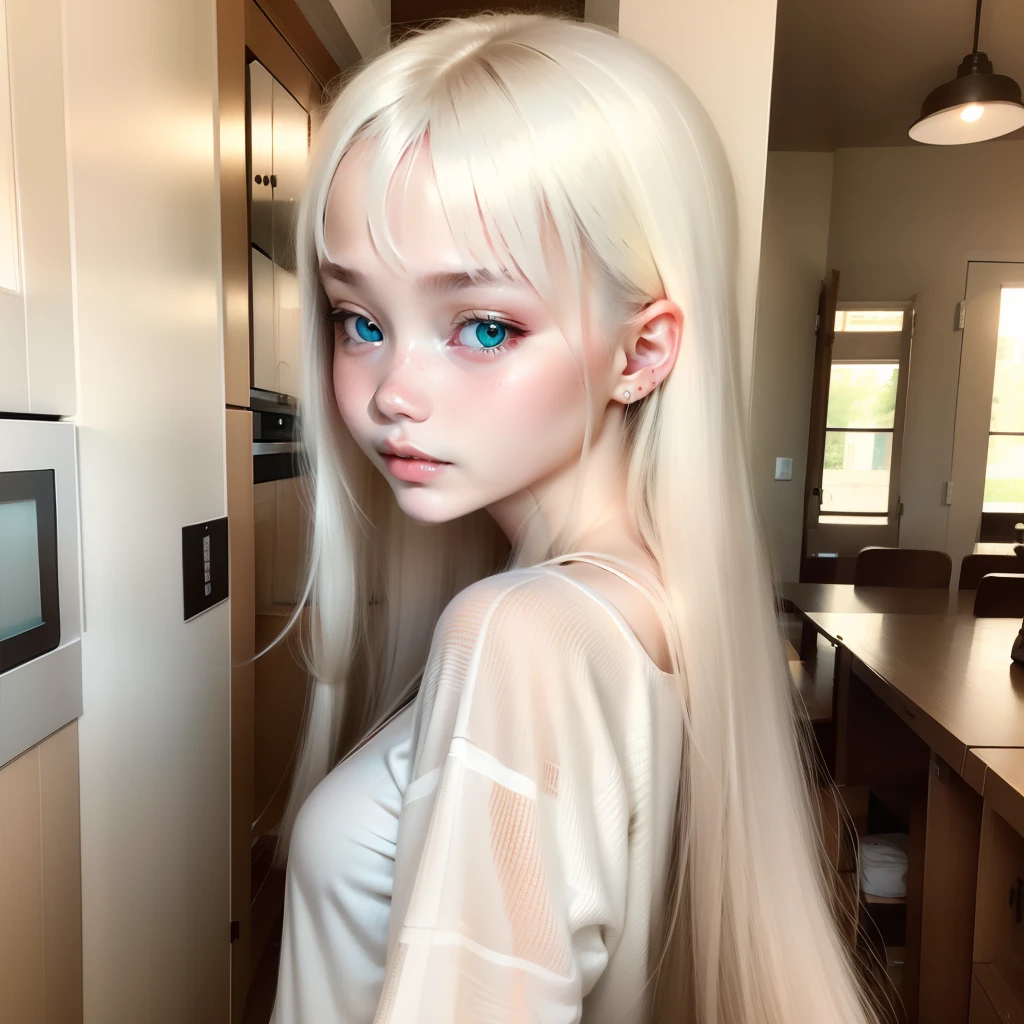 white shirt、realistic textured skin、ash blonde、One bundle of hair、Side tail、Turquoise eyes、