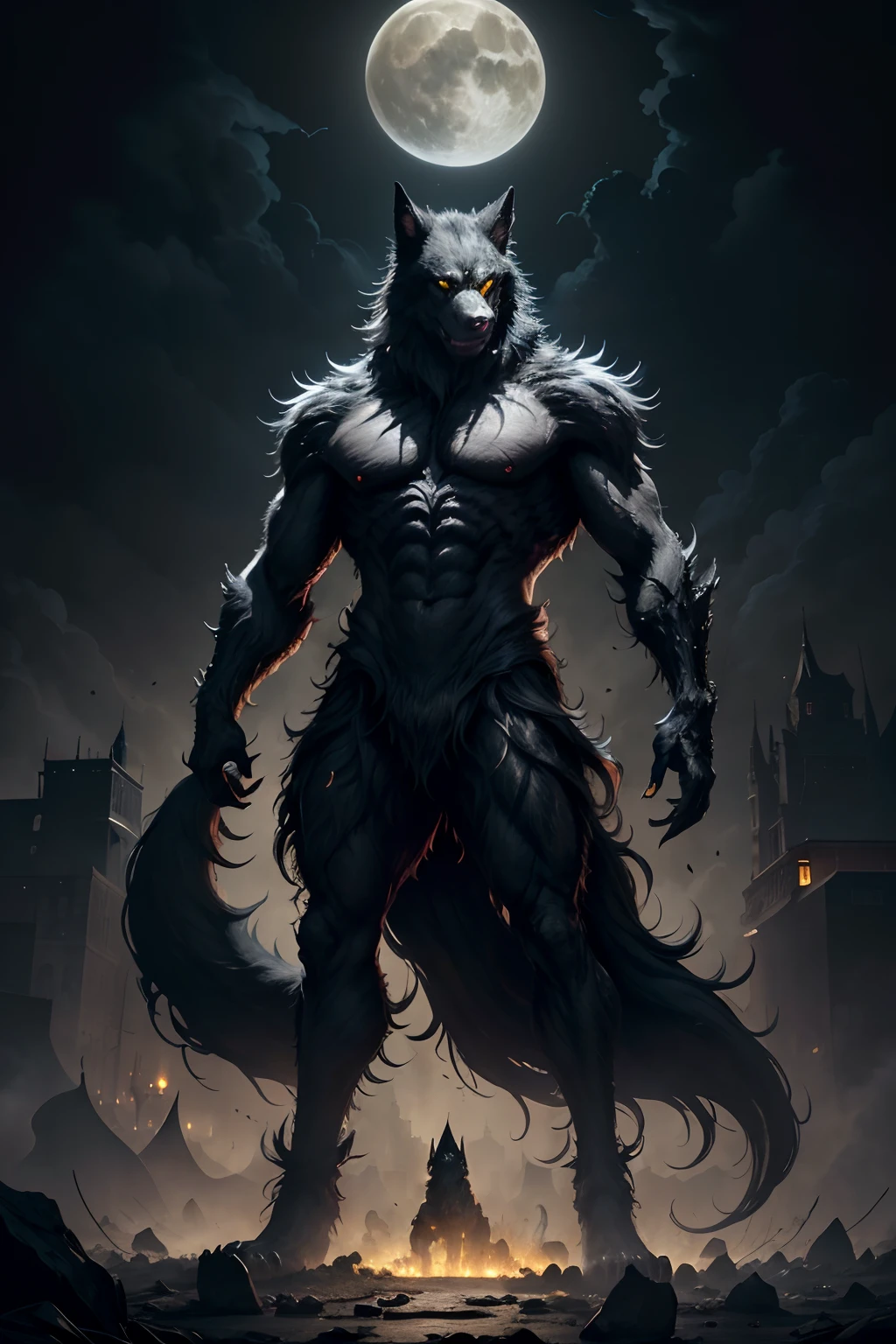 A 2-meter-tall werewolf, covered in thick, black fur, with nearly incandescent yellow eyes. It stands calmly, observing the city from above, reminiscent of the Gothic style of Gotham City. This creature embodies the essence of Gothic horror and is reminiscent of the world of "Werewolf: The Apocalypse" in the "World of Darkness" universe.