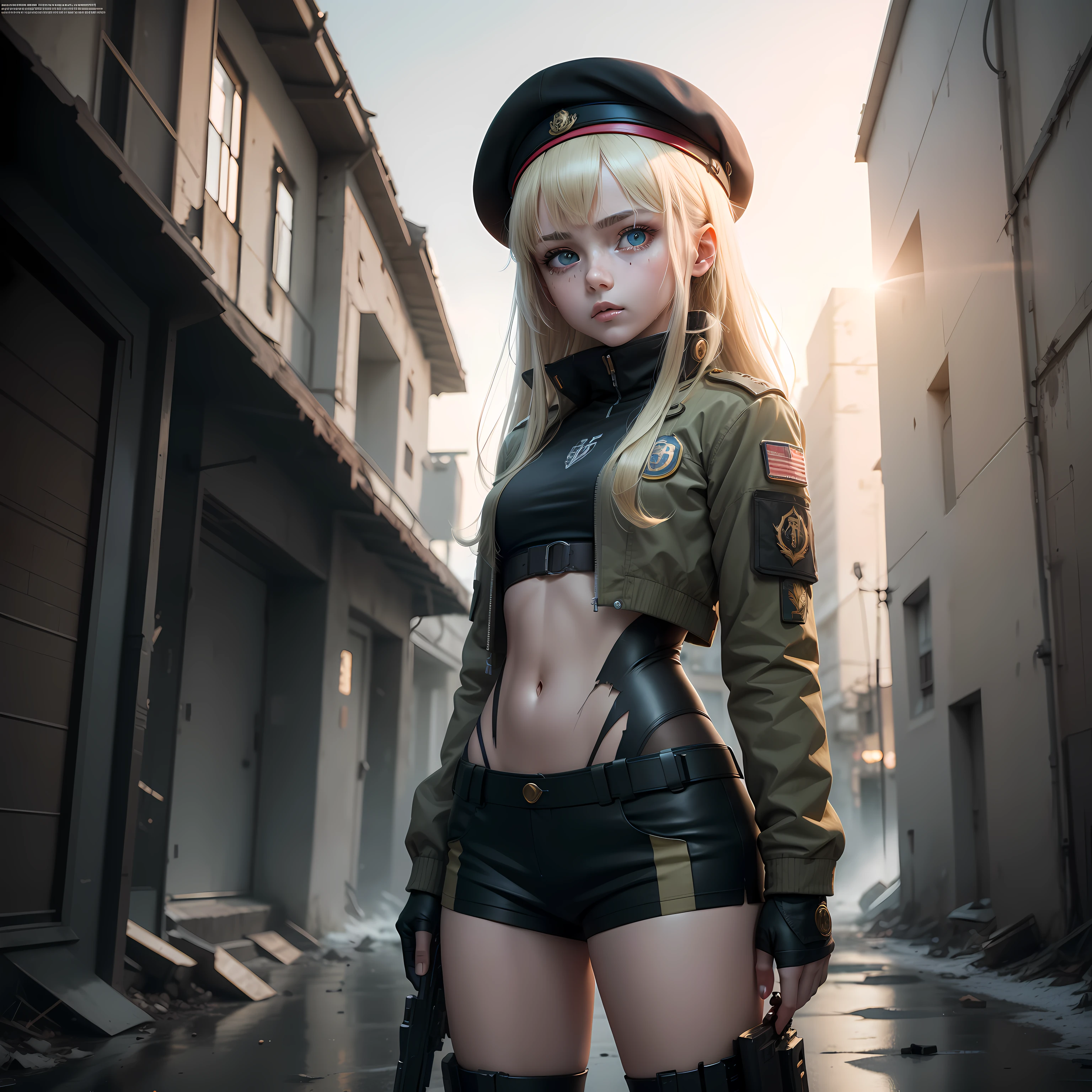 ukrainian girl , Ukrainian anime girls , , Ukraine , Full body composition of young girl with messy bright blonde hair,eye make up, 14 year old, Soft lighting, Solo, Old torn dirty shabby futuristic military uniform, badges, Pose, Blotch color, Octane Render, Hyperrealistic intricate detail, Cinematic, 8K resolution, 70mm, Accent Lighting, Global Illumination, Full body portrait, clean detailed faces, intricate clothing, Cute face, flat chest, Slim waist, Slim legs, small hips,Wearing a beret,Special Forces Clothing,hold a gun、