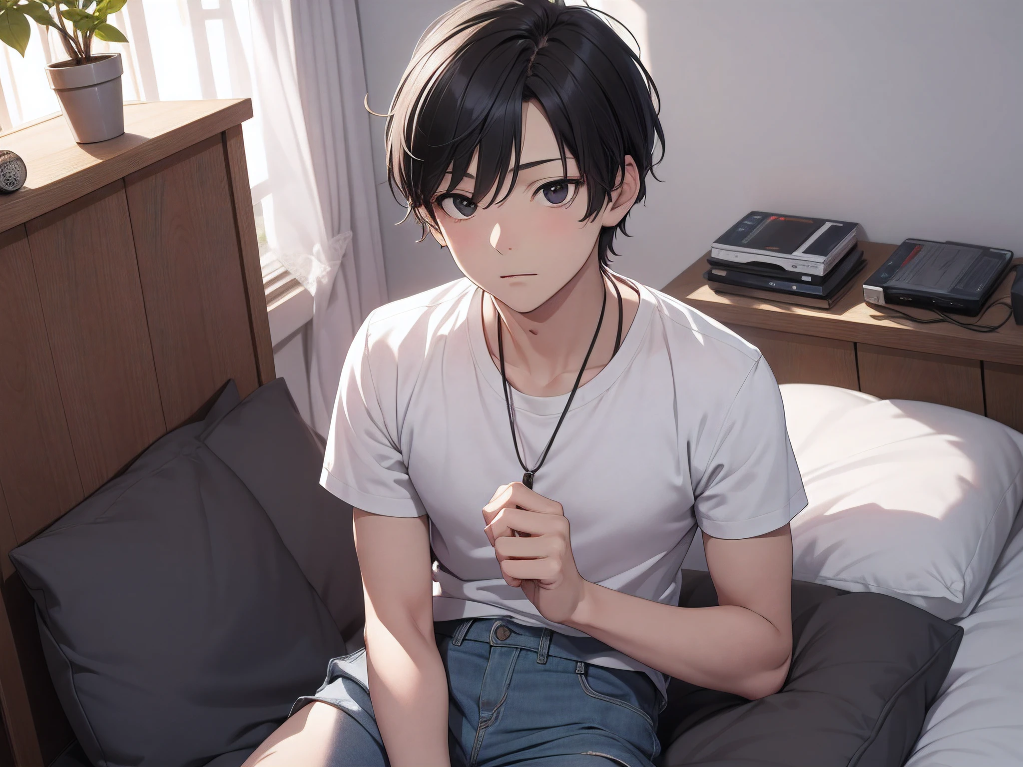 masutepiece, High quality, Best Quality, hard disk, Realistic, Perfect Lighting, Detailed face, Detailed body, 1 man, Short black hair, (Innocent expression: 1.5) (Innocent face: 1.5), Stand in your room while sleeping,Excited、I'm