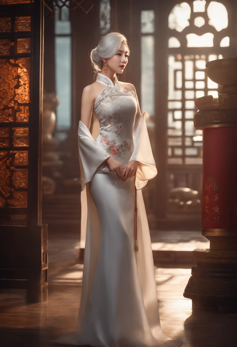 Girl in hollow cheongsam, silvery white hair:1.4, Single ponytail hairstyle, A sexy figure, Bare legs, Barefoot, Toes visible, (Best quality, 8K resolution, High-res, Masterpiece:1.2), palace background, the wallpaper, ,  Clear details, The defined row, Cinematic lighting, Professional photography, Professional lighting.