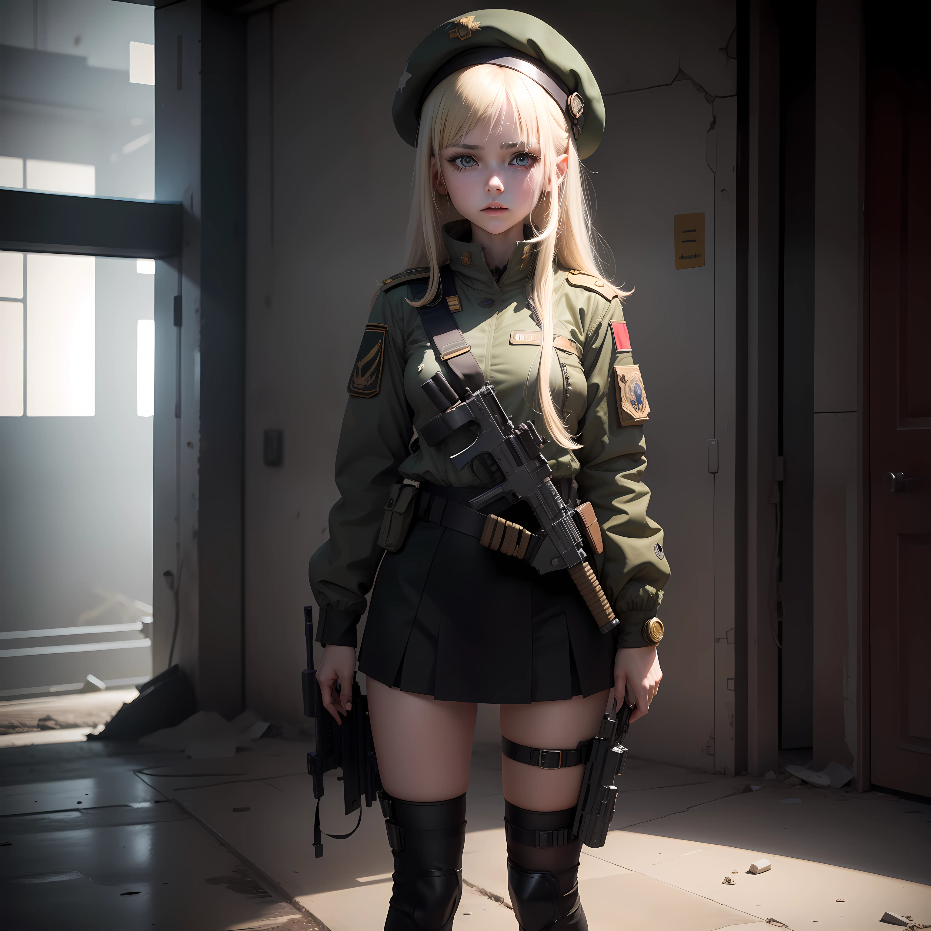 ukrainian girl , Ukrainian anime girls , , Ukraine , Full body composition of young girl with messy bright blonde hair,eye make up, 14 year old, Soft lighting, Solo, Old torn dirty shabby futuristic military uniform, badges, Pose, Blotch color, Octane Render, Hyperrealistic intricate detail, Cinematic, 8K resolution, 70mm, Accent Lighting, Global Illumination, Full body portrait, clean detailed faces, intricate clothing, Cute face, flat chest, Slim waist, Slim legs, small hips,Wearing a beret,Special Forces Clothing,hold a gun、
