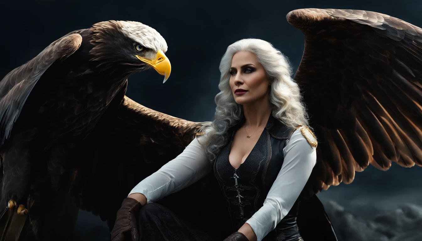 Close-up of a woman flying through the air with her wings，Silver hair，red color eyes，Human face，The body of an eagle, harpy, Hands and legs are like the grip of an eagle， raven winged female vampire, (Ugly 1.5)Eagle body（Succubus：1.2），Gothic horror，(The upper body is a woman, The lower body is an eagle:1.5),A turtle(Human-faced eagle:1.5)Strange bird standing in the night sky，There are clouds and the moon，Fantastical，4K，best qualtiy，primitive, the night，（(Ultra-detailed and high-precision details))，(The picture is clear and sharp)，Banshee in Van Helsing's films