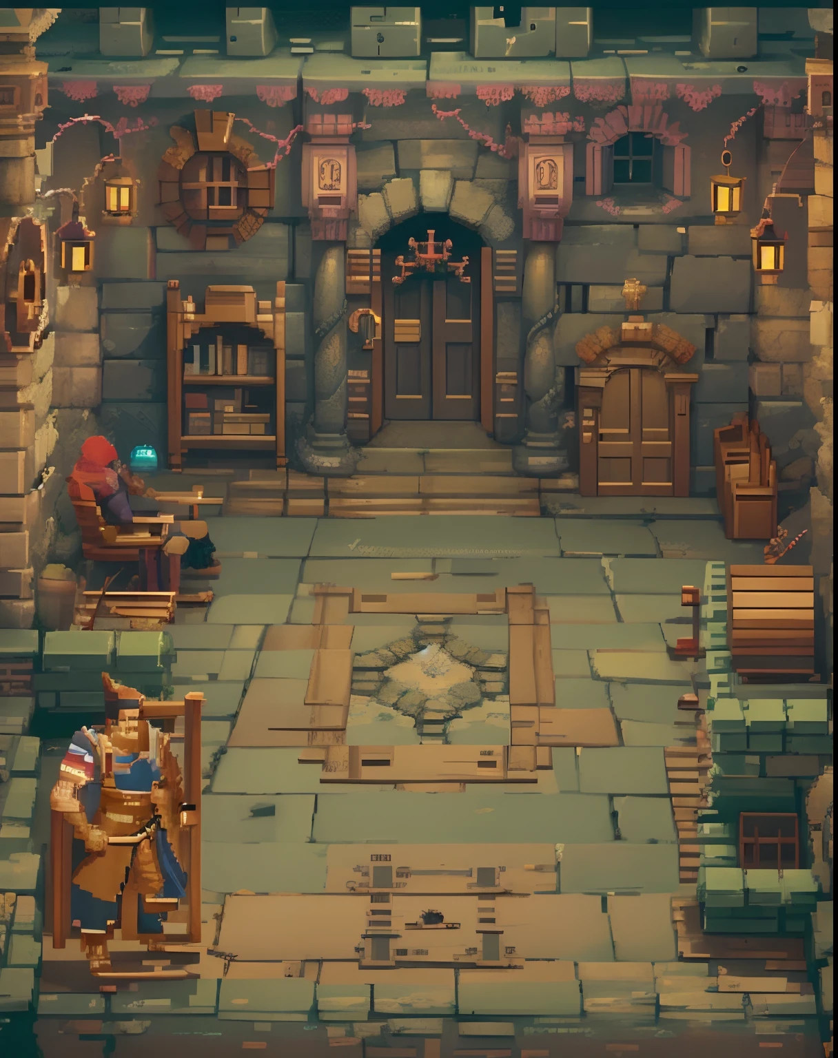 background, pixel art, game design, game background, intricate, the interior of a castle, houses, stone floor, masterpiece, best quality
