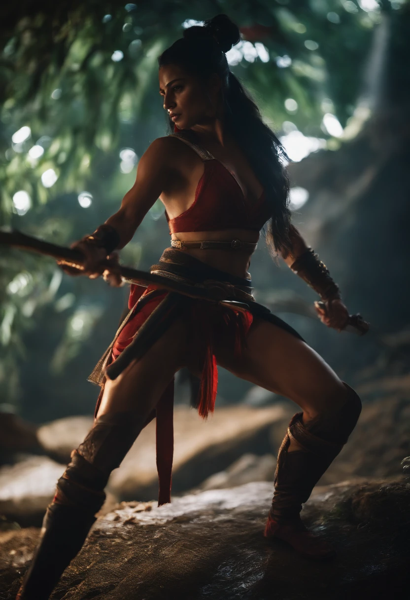 Desenhe Akali em um confronto noturno nas sombras de Ionia, sua terra natal, usando suas habilidades ninjas para derrotar seus inimigos, cinematografic, 8K ultra realista