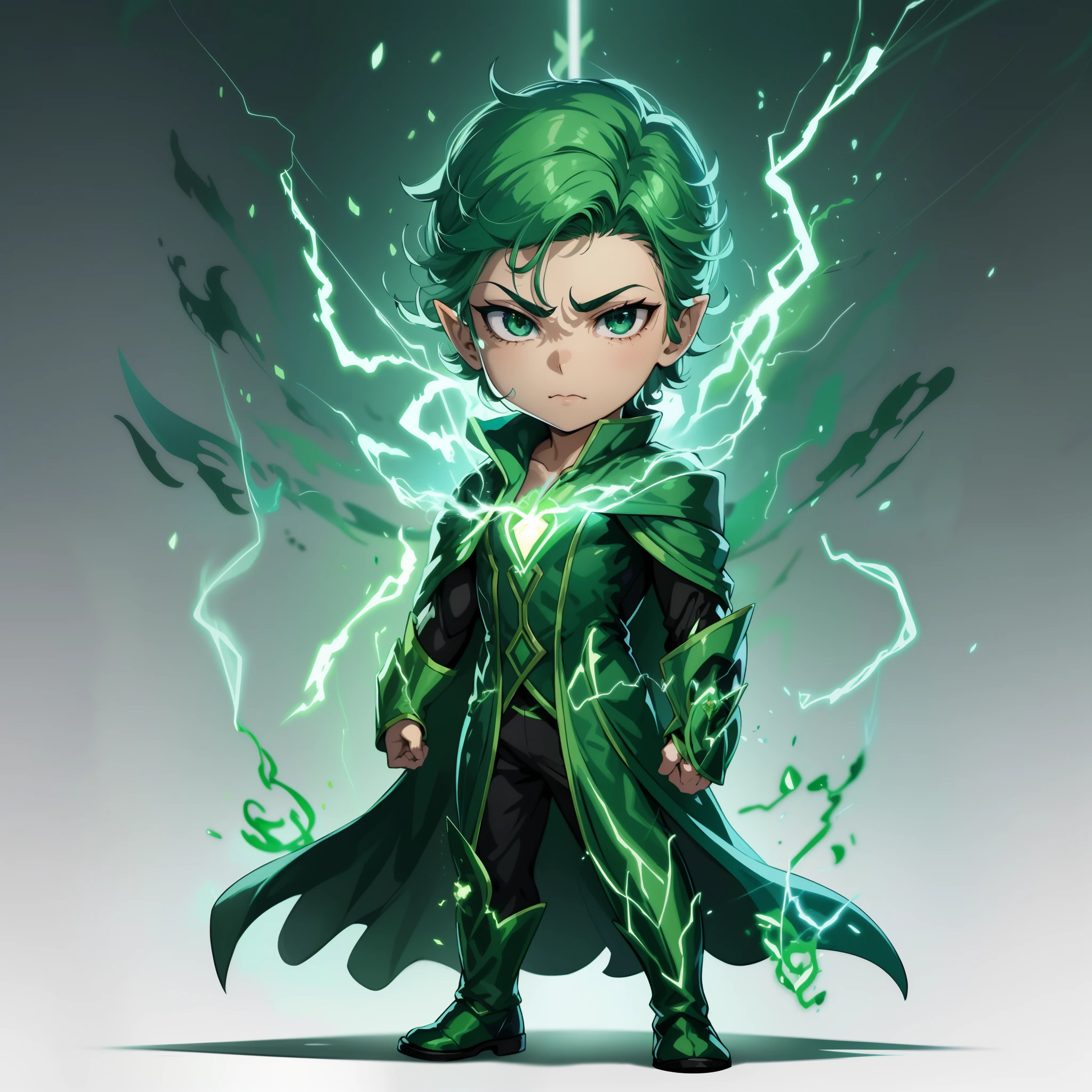 Cartoon image of a boy dressed in green lightning, Crackling green lightning, green lightning, hero character art, Advanced Digital Chibi Art, Official Character Art, young half elf wizard, portrait of a young elf wizard, Complete portrait of the electromancer, official concept art, maya ali as a lightning mage, young wizard, ross tran 8 k, character splash art