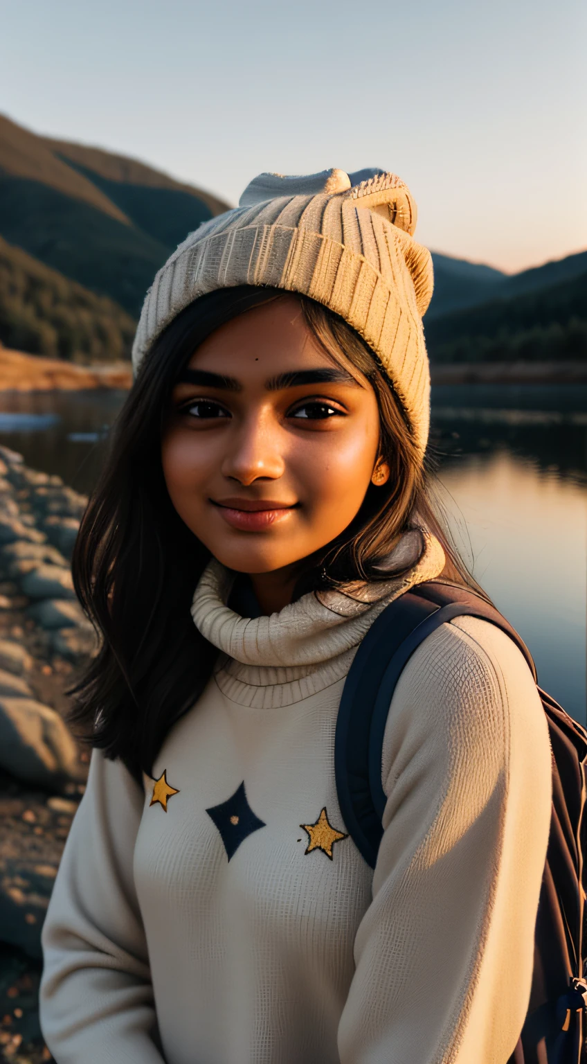 young Indian mature college girl, 18-year-old,, gentle lighting ((upper body selfie, happy)), masterpiece, best quality, ultra-detailed, solo, outdoors, (night), mountains, nature, (stars, moon) cheerful, happy, backpack, sleeping bag, camping stove, water bottle, mountain boots, gloves, sweater, hat, flashlight, forest, rocks, river, wood, smoke, shadows, contrast, clear sky, analog style (look at viewer:1.2) (skin texture) (film grain:1.3), (warm hue, warm tone:1.2), close up, cinematic light, sidelighting, ultra high res, best shadow, RAW, upper body, wearing pullover