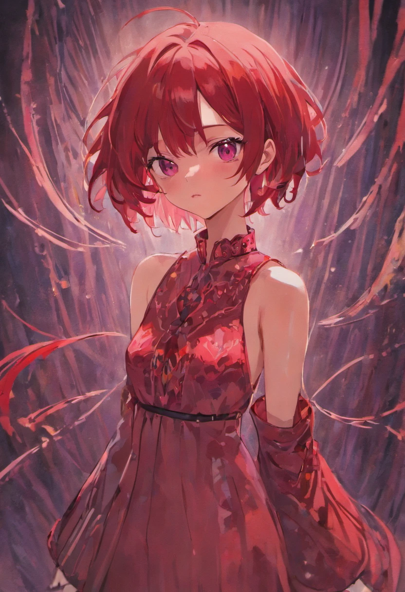 pelo corto, crimson hair, ojos rojos, serious expression, vestido negro, ((1girl, solo)), obra maestra, mejor calidad, retrato, ultra-detalle, 插圖, primer plano, Magnificent background, plano recto, enfoque en la cara, collar, hombros desnudos