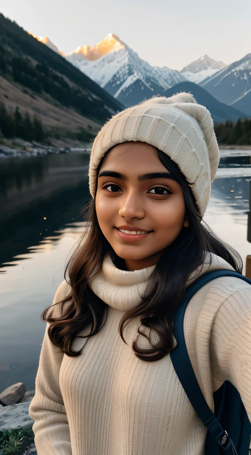 young Indian mature college girl, 18-year-old,, gentle lighting ((upper body selfie, happy)), masterpiece, best quality, ultra-detailed, solo, outdoors, (night), mountains, nature, (stars, moon) cheerful, happy, backpack, sleeping bag, camping stove, water bottle, mountain boots, gloves, sweater, hat, flashlight, forest, rocks, river, wood, smoke, shadows, contrast, clear sky, analog style (look at viewer:1.2) (skin texture) (film grain:1.3), (warm hue, warm tone:1.2), close up, cinematic light, sidelighting, ultra high res, best shadow, RAW, upper body, wearing pullover